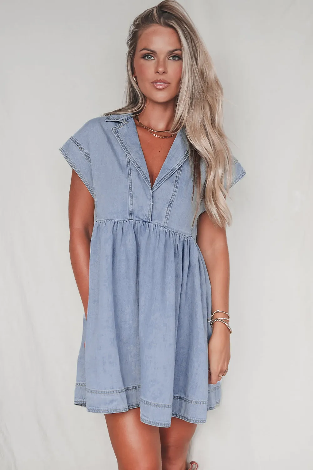 Blue Zone Planet |  Beau Blue Lapel Neck Cap Sleeve High Waist Denim Babydoll Dress