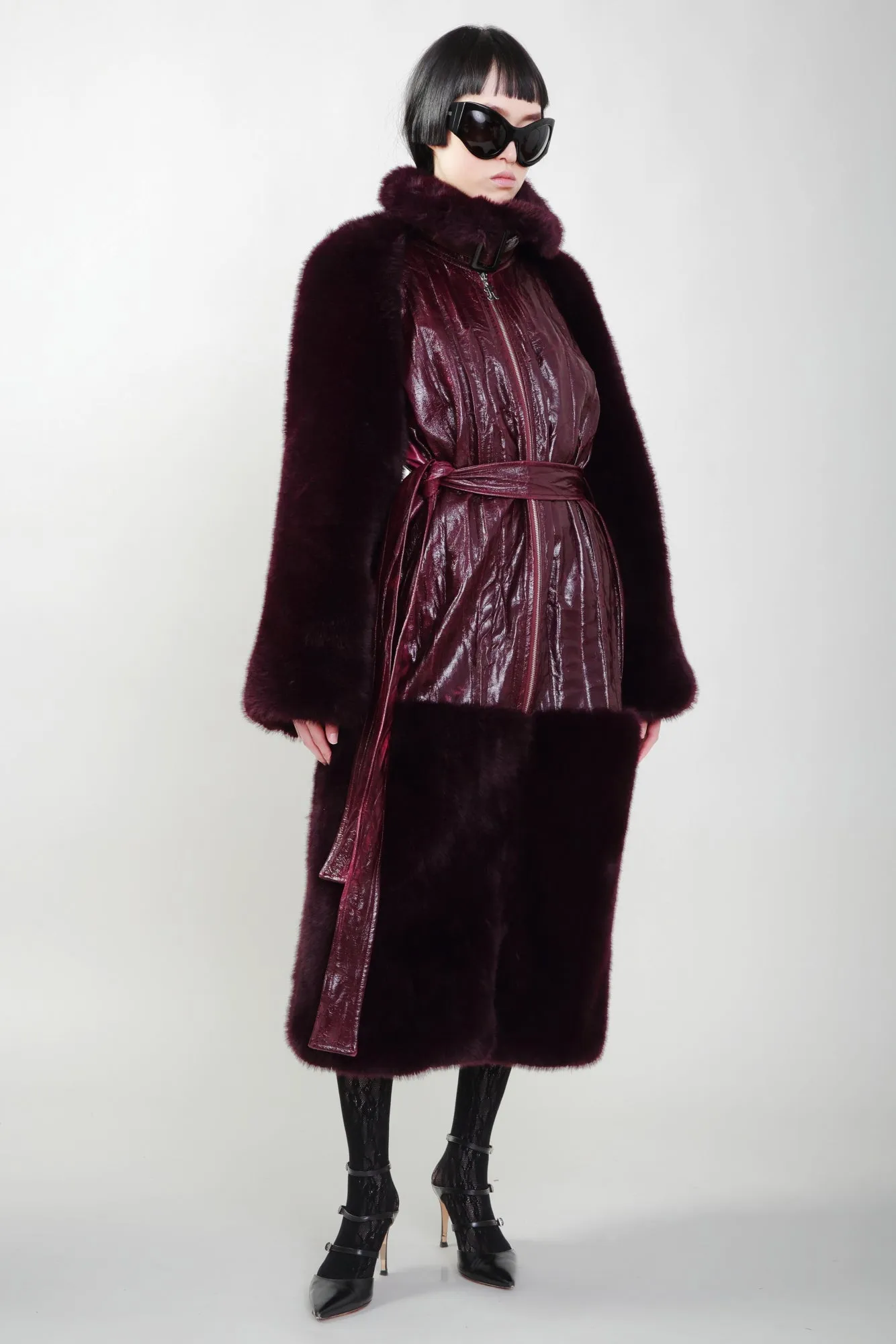 Bordeaux Vegan Fur Sleeves and Trim Coat