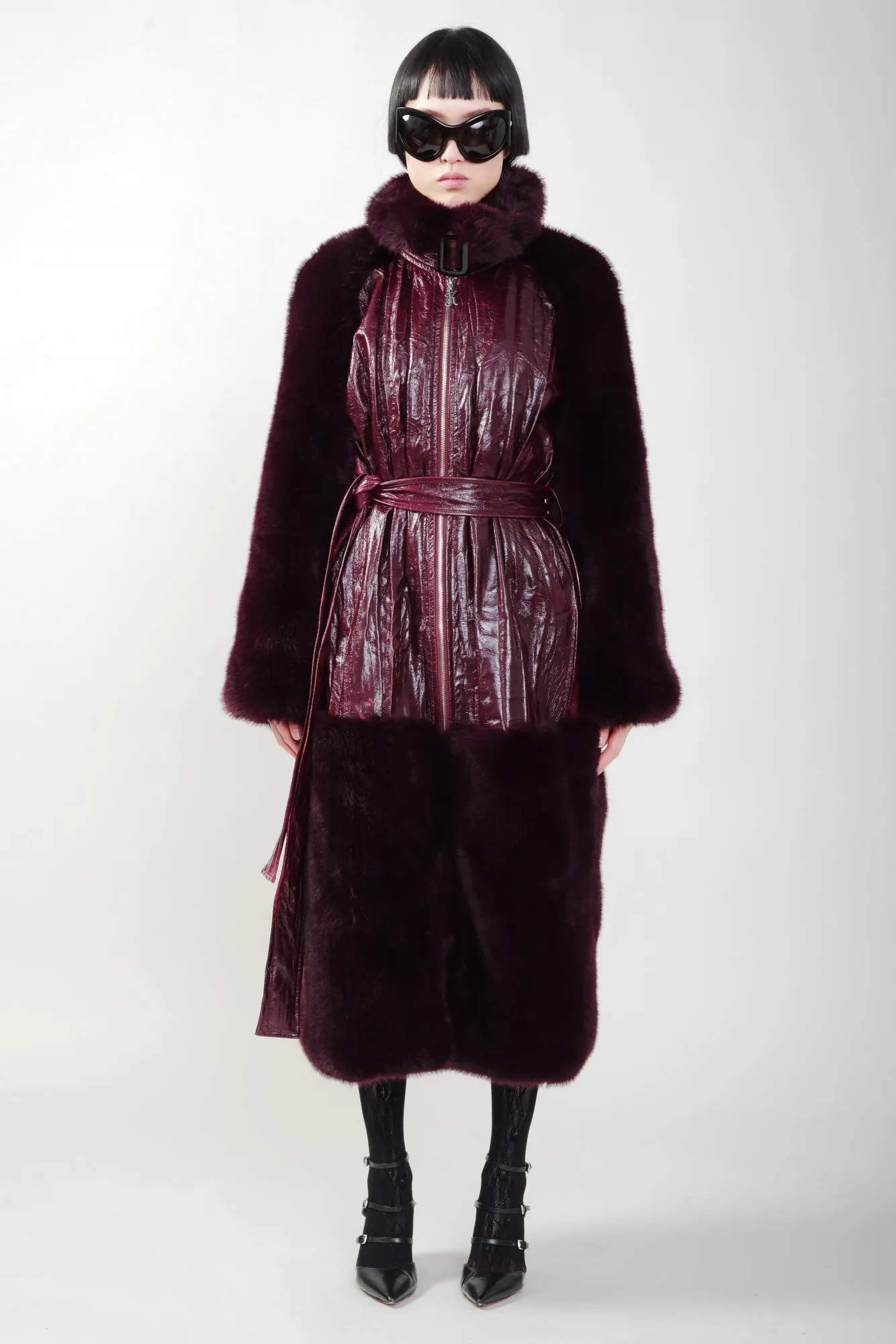 Bordeaux Vegan Fur Sleeves and Trim Coat