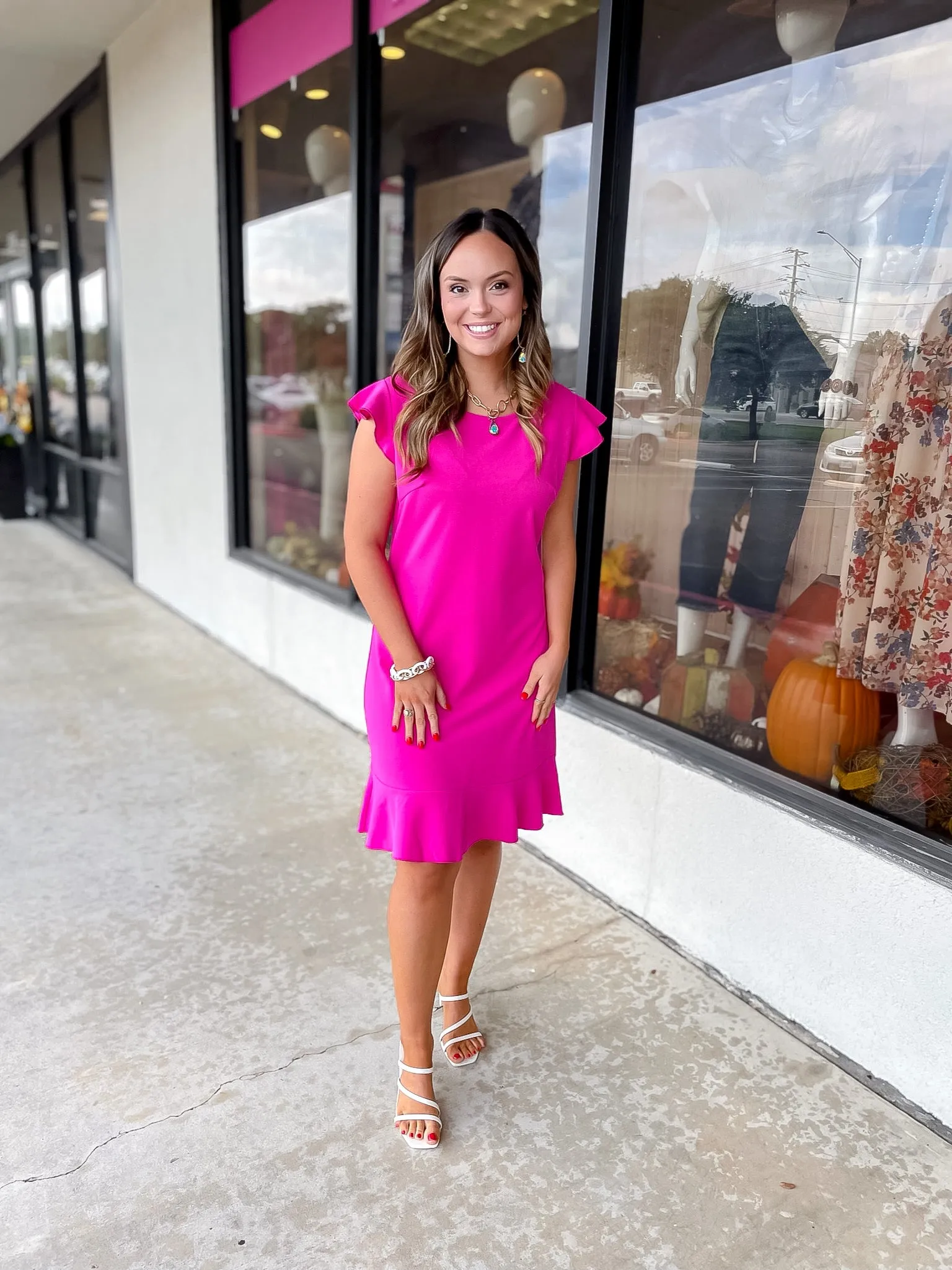 Boss Shift Ruffle Cap Sleeve Dress with Ruffle Hem in Fuchsia Pink