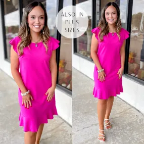 Boss Shift Ruffle Cap Sleeve Dress with Ruffle Hem in Fuchsia Pink