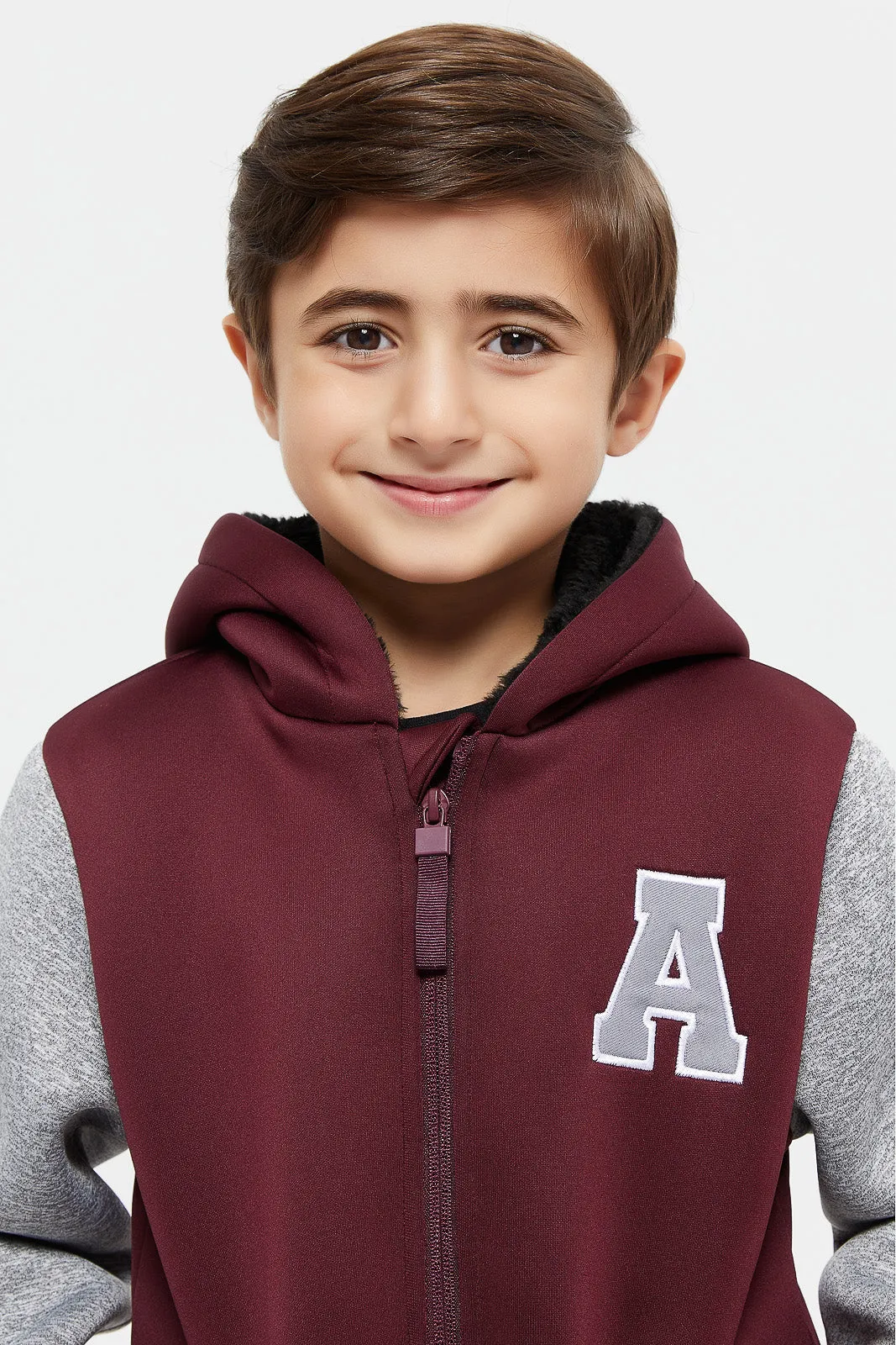 Boys Burgundy Zipper Hooded Sweatshirt