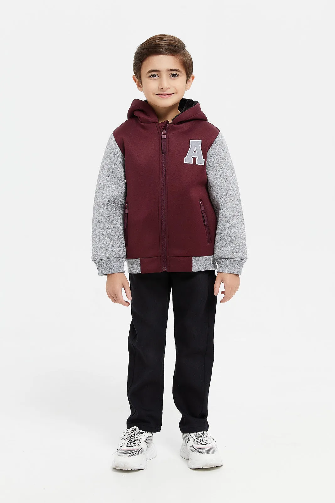 Boys Burgundy Zipper Hooded Sweatshirt