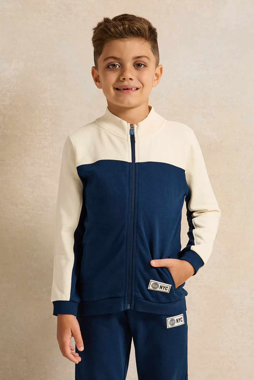 Boys Navy And White High Neck Jog Set (2 Piece)