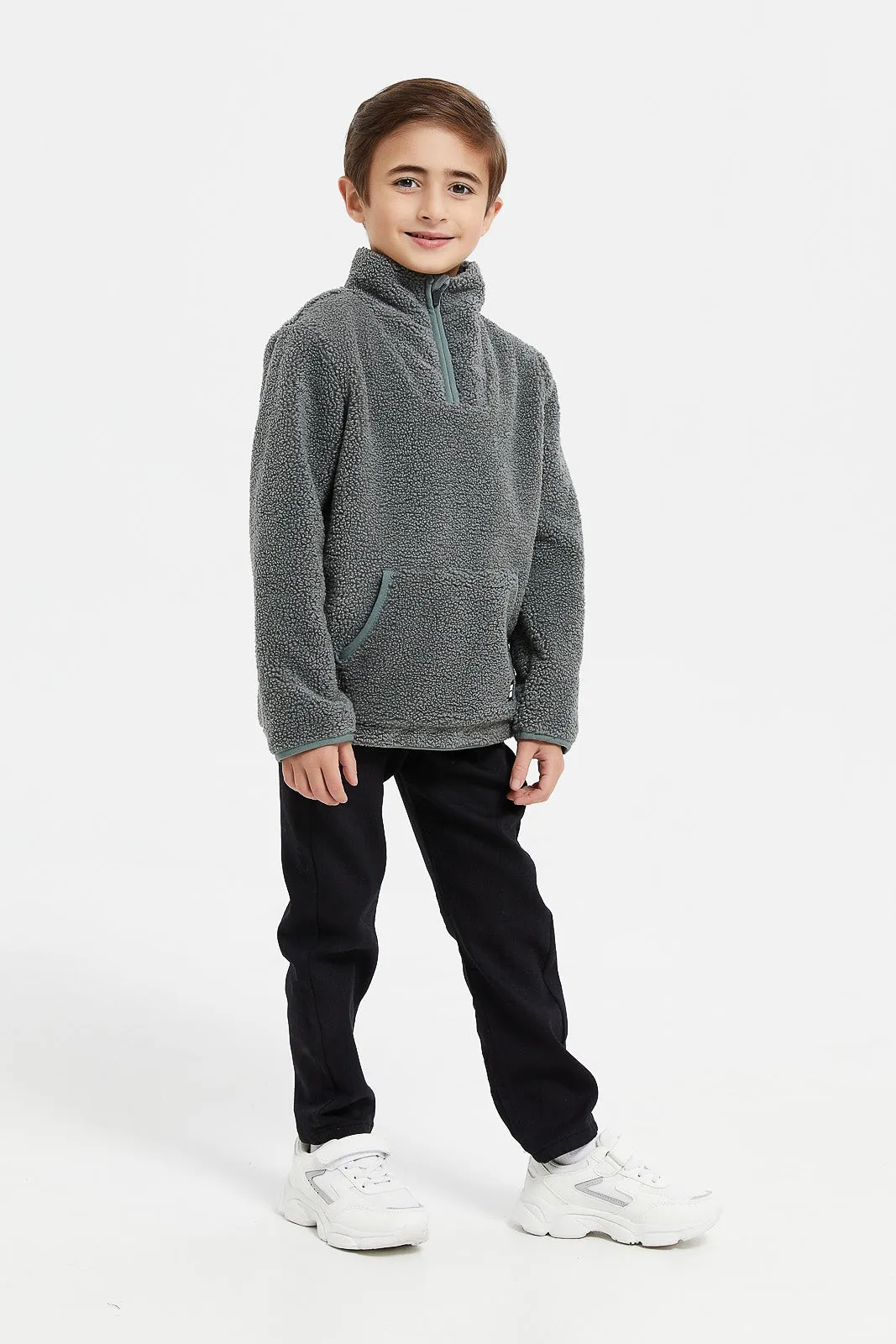 Boys Olive Sherpa Fleece Sweatshirt