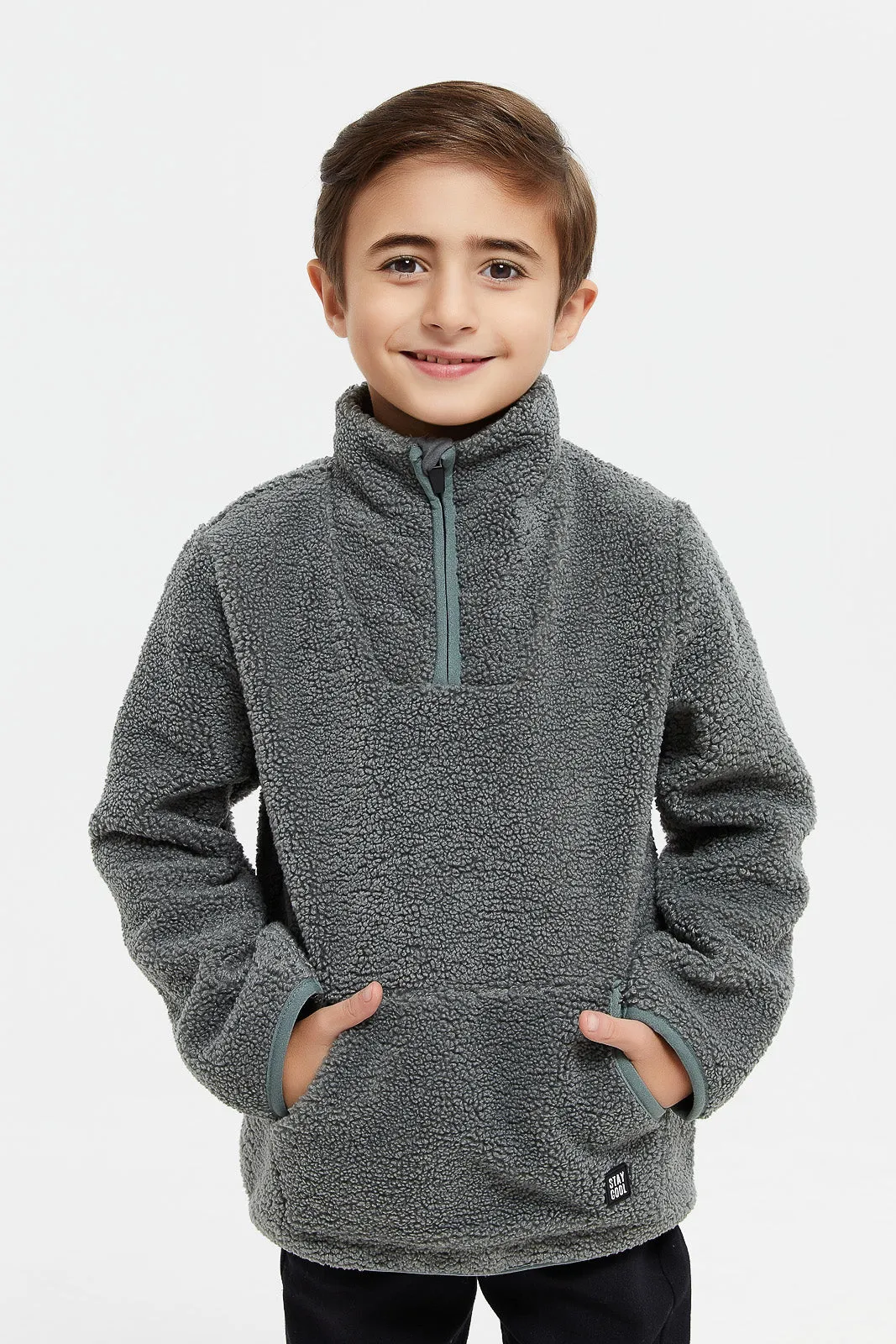 Boys Olive Sherpa Fleece Sweatshirt