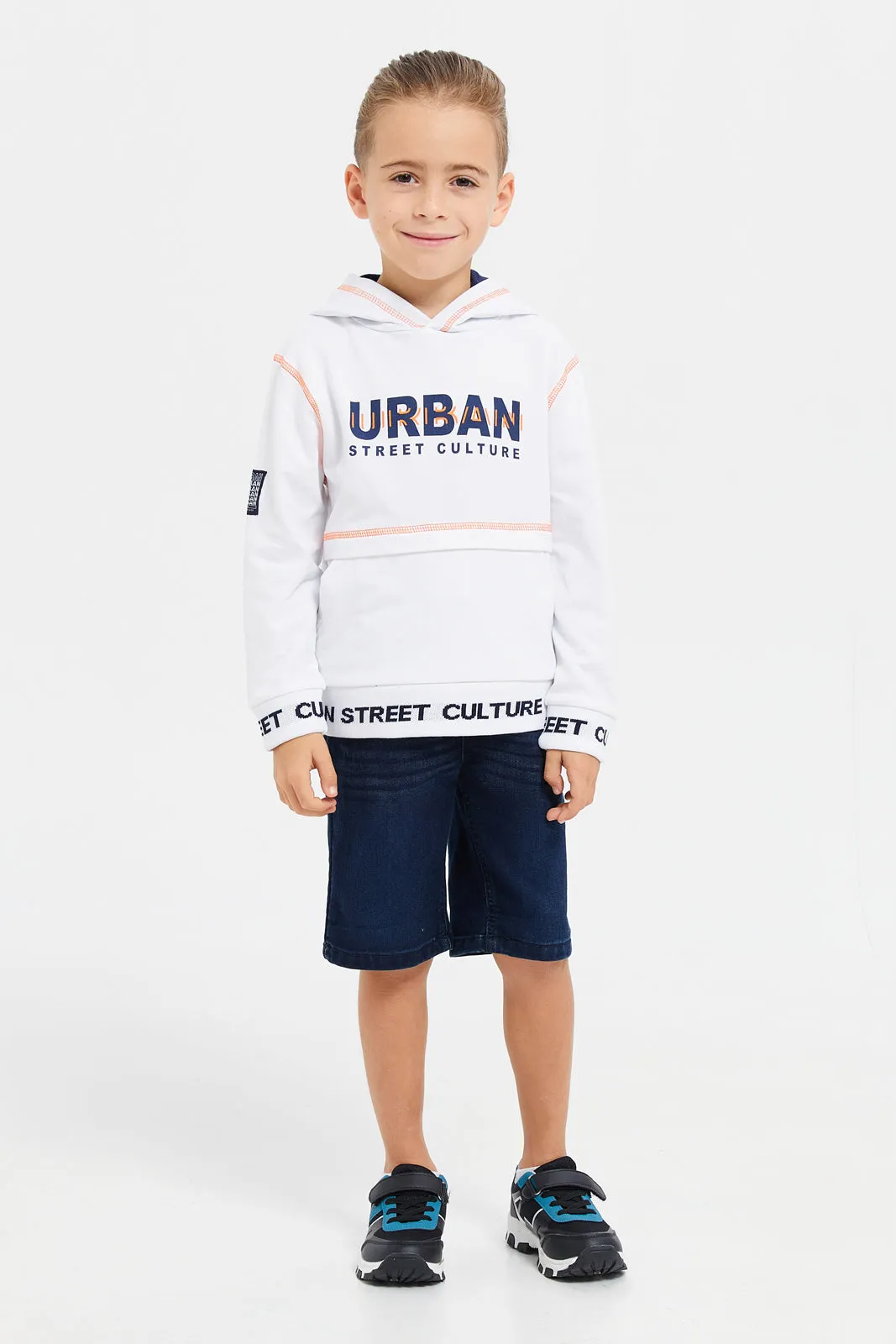 Boys White Hooded Urban Print Sweatshirt