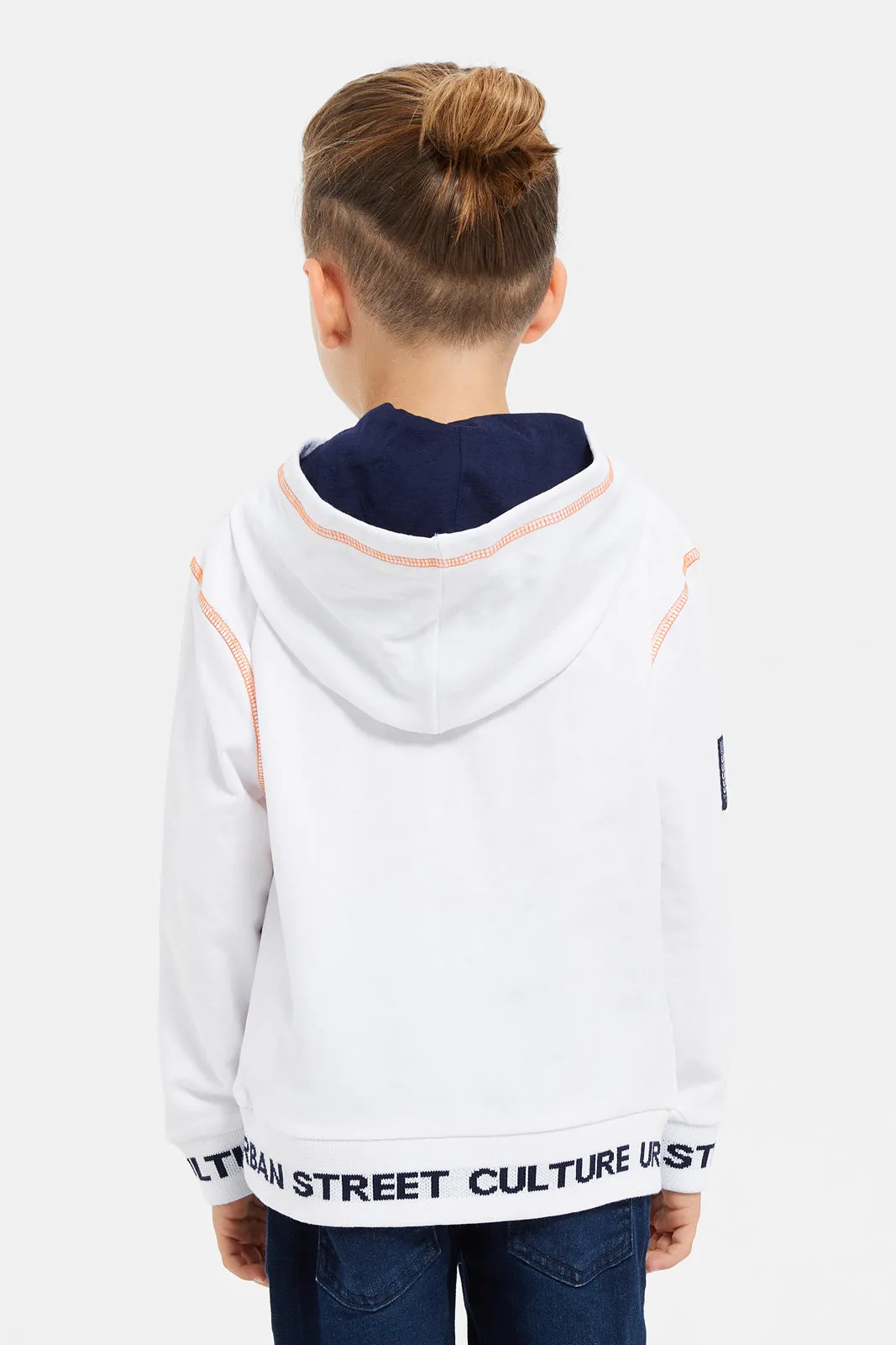 Boys White Hooded Urban Print Sweatshirt