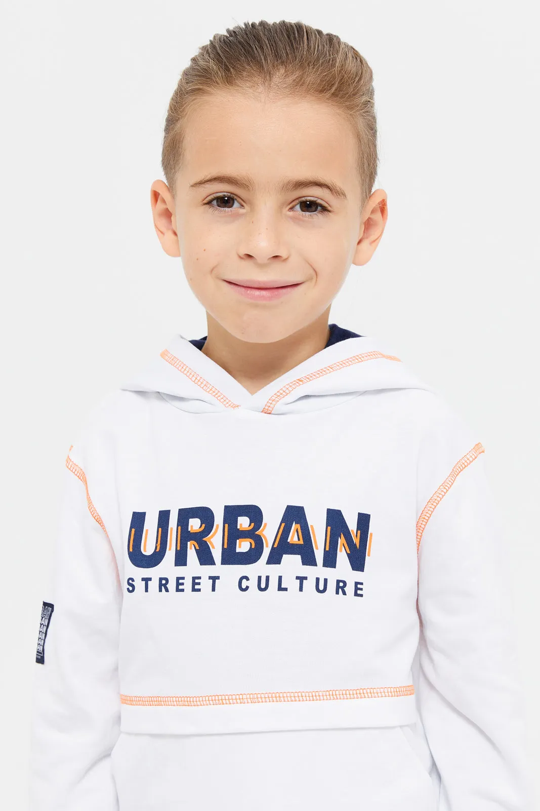 Boys White Hooded Urban Print Sweatshirt