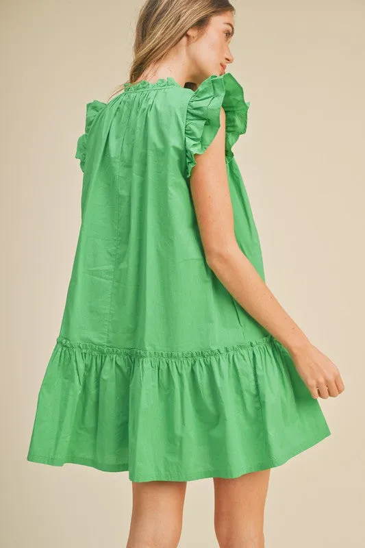 Bright Green Flutter Sleeve Babydoll Mini Dress