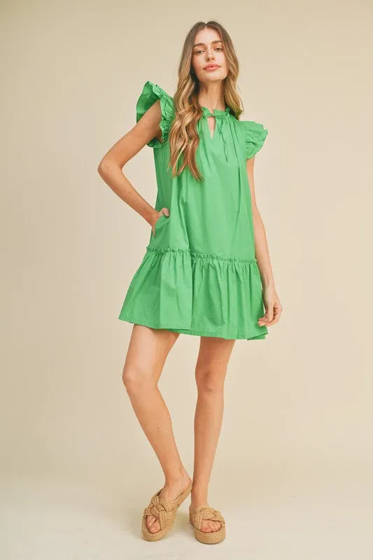 Bright Green Flutter Sleeve Babydoll Mini Dress