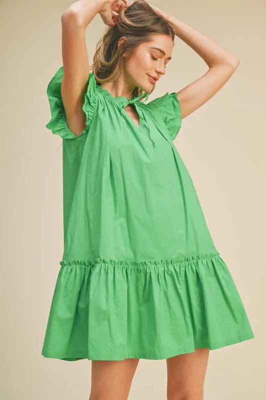 Bright Green Flutter Sleeve Babydoll Mini Dress