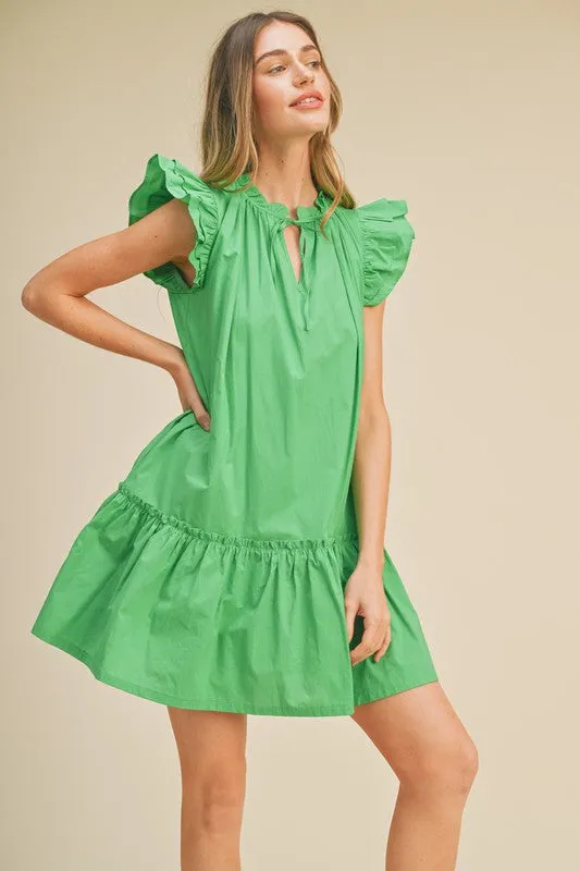 Bright Green Flutter Sleeve Babydoll Mini Dress