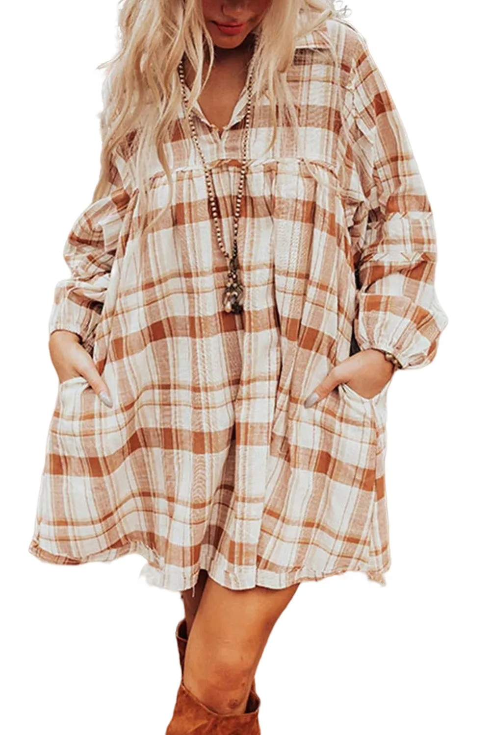 Brown Plaid Print Side Pockets Frill Babydoll Mini Dress