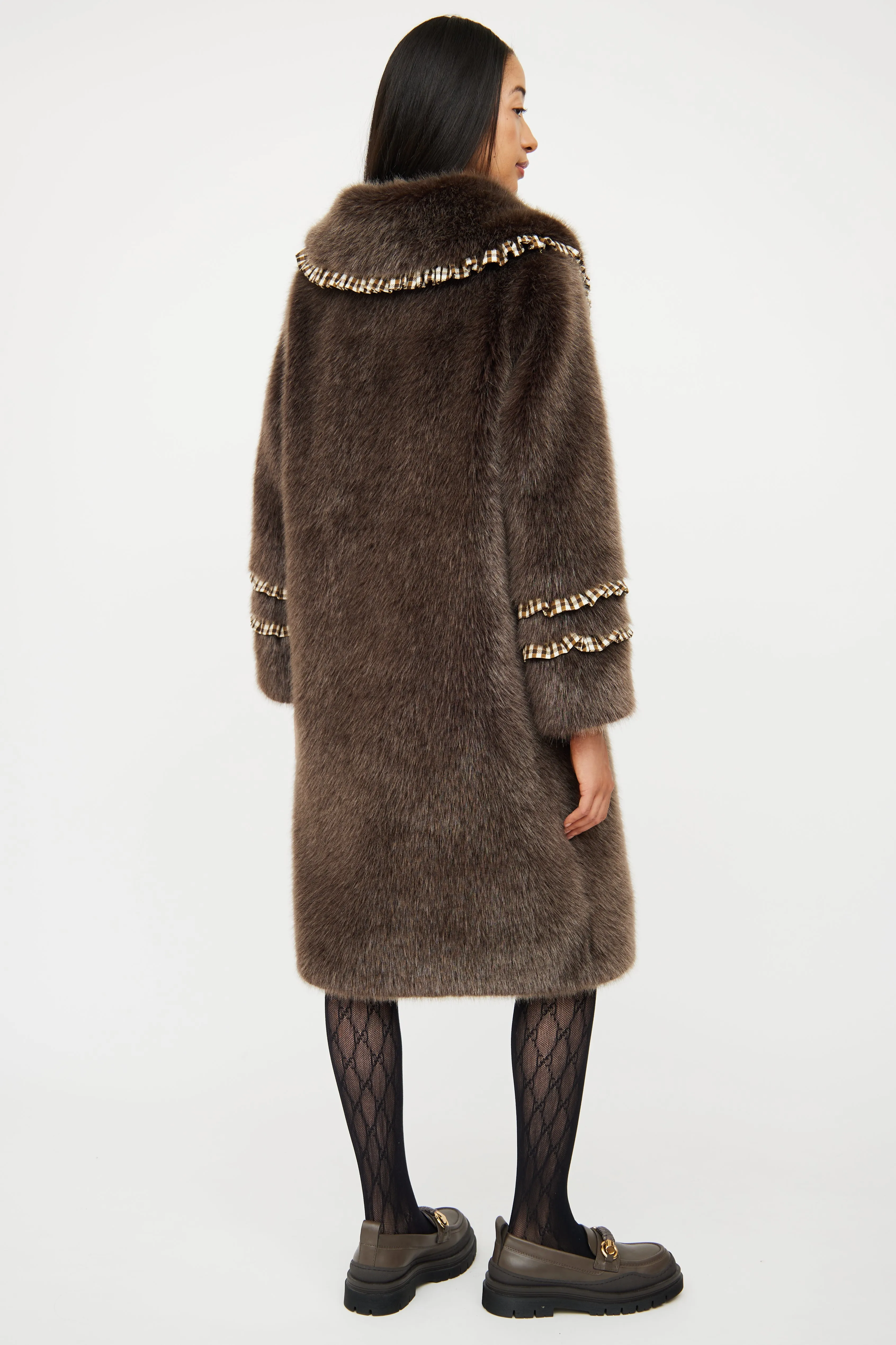 Brown Ruffle Faux Fur Coat