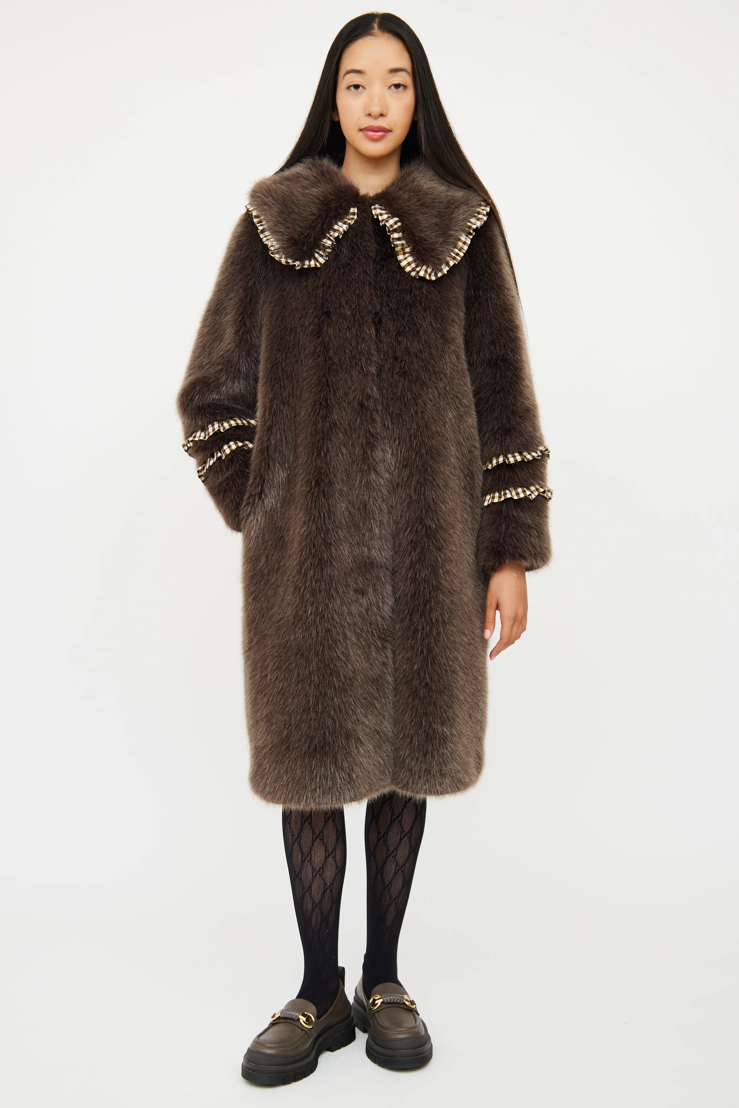 Brown Ruffle Faux Fur Coat