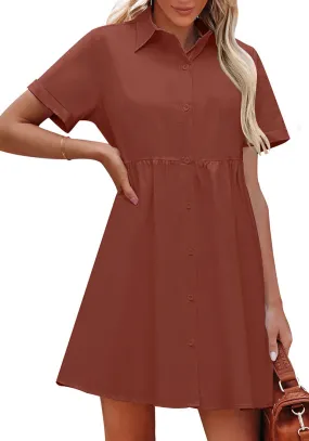 Burnt Ochre Women's Short Sleeve Button Down Babydoll Dress A-Line Tunic Dress