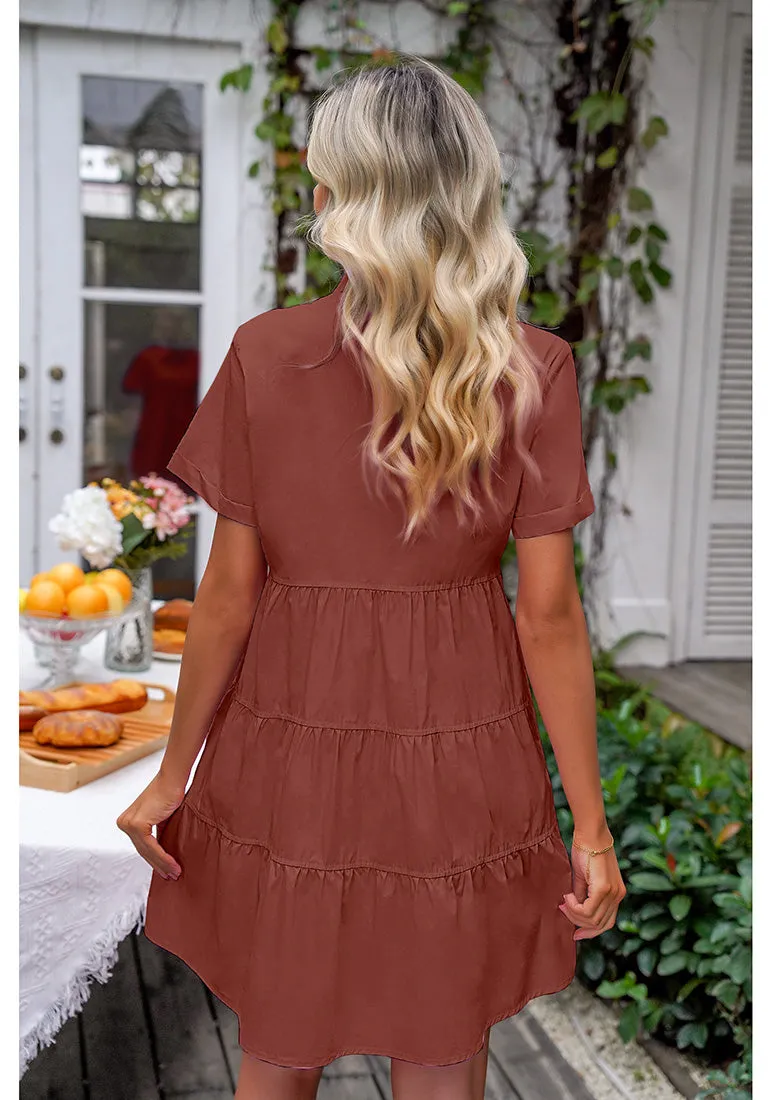 Burnt Ochre Women's Short Sleeve Button Down Babydoll Dress A-Line Tunic Dress