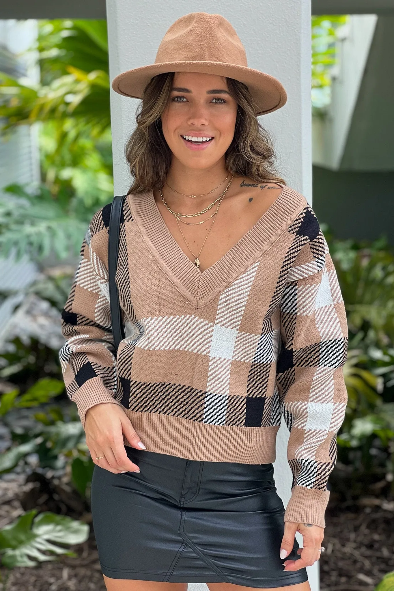 Camel Checkered V-Neck Sweater