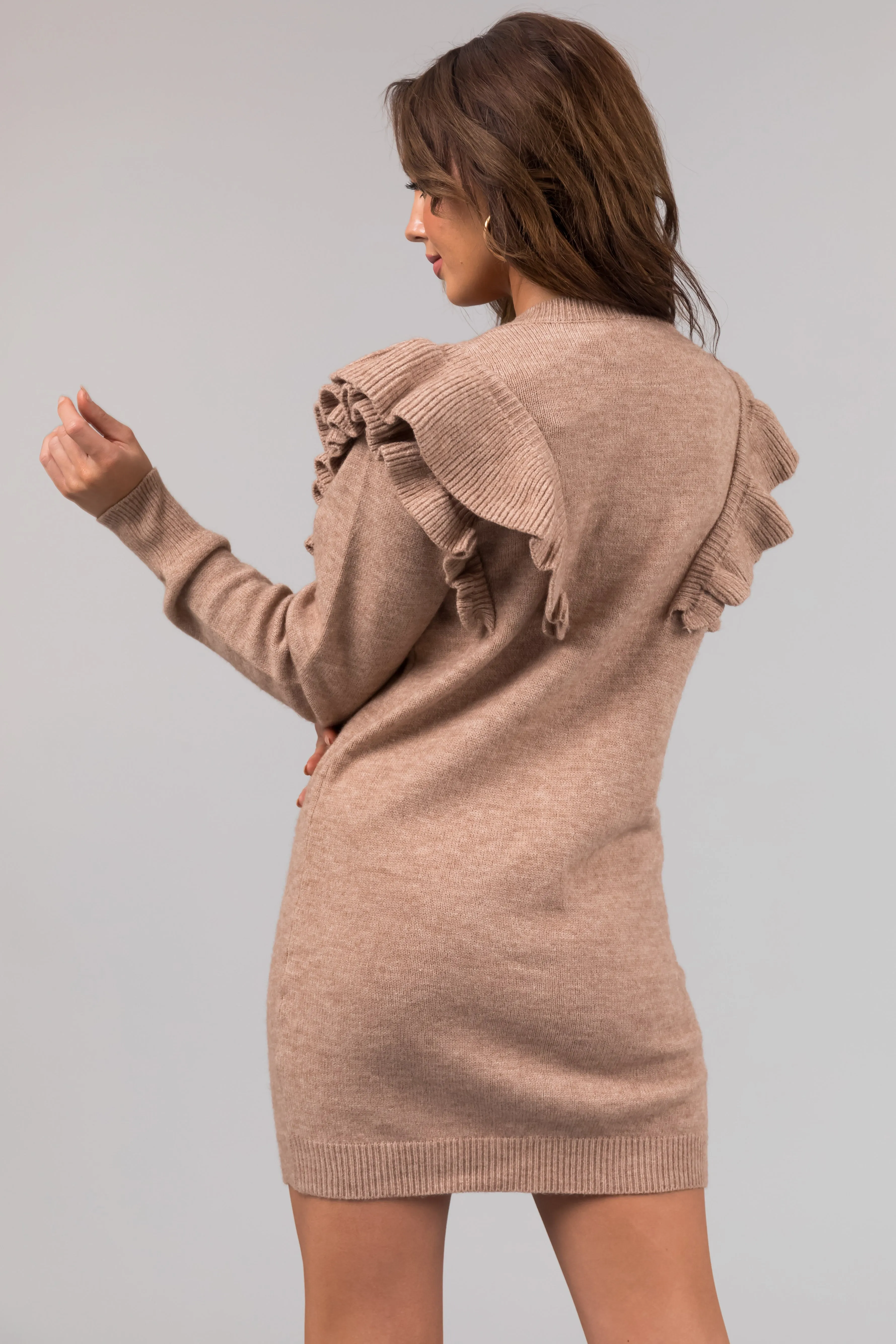 Camel Front Ruffle Detail Sweater Mini Dress