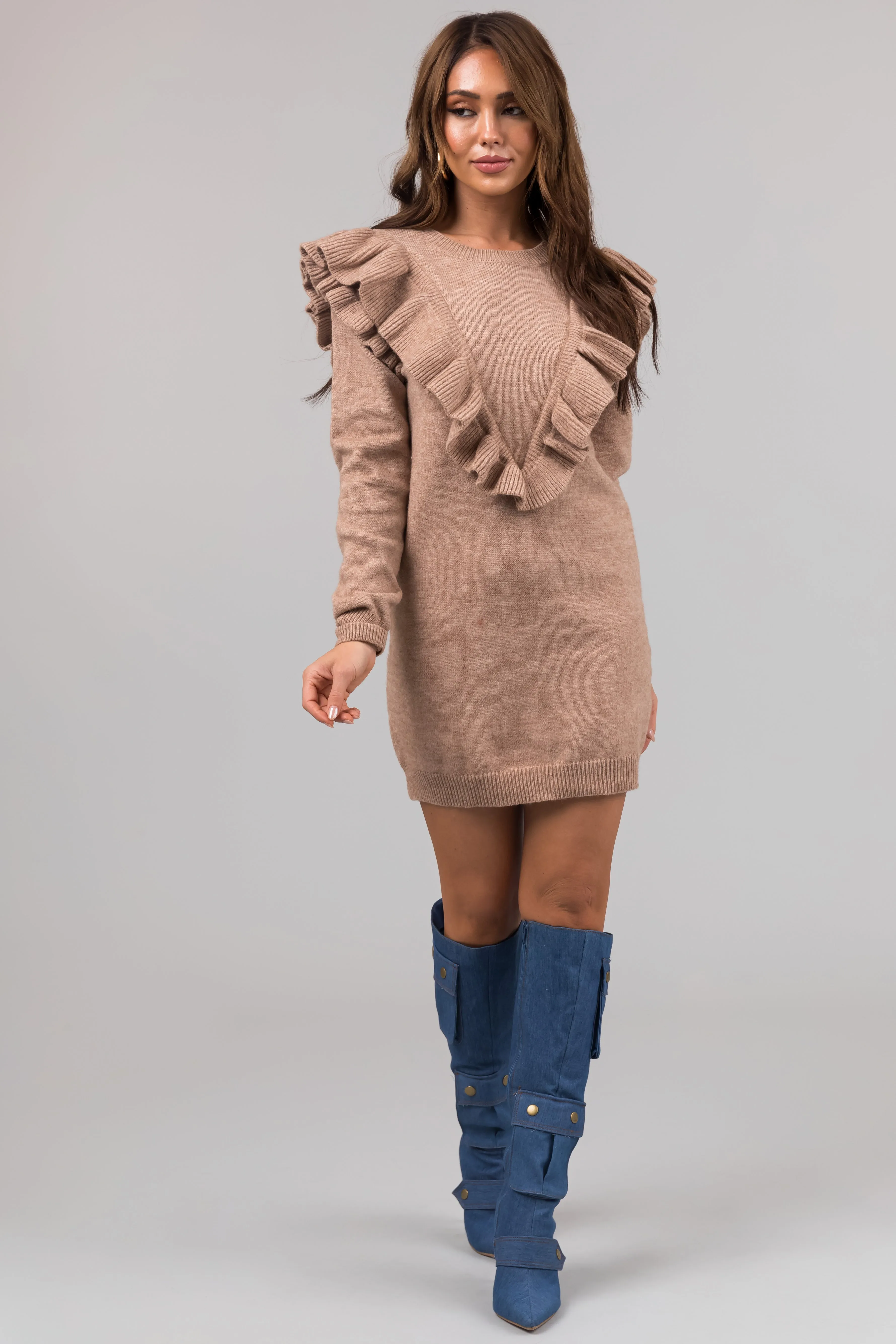 Camel Front Ruffle Detail Sweater Mini Dress