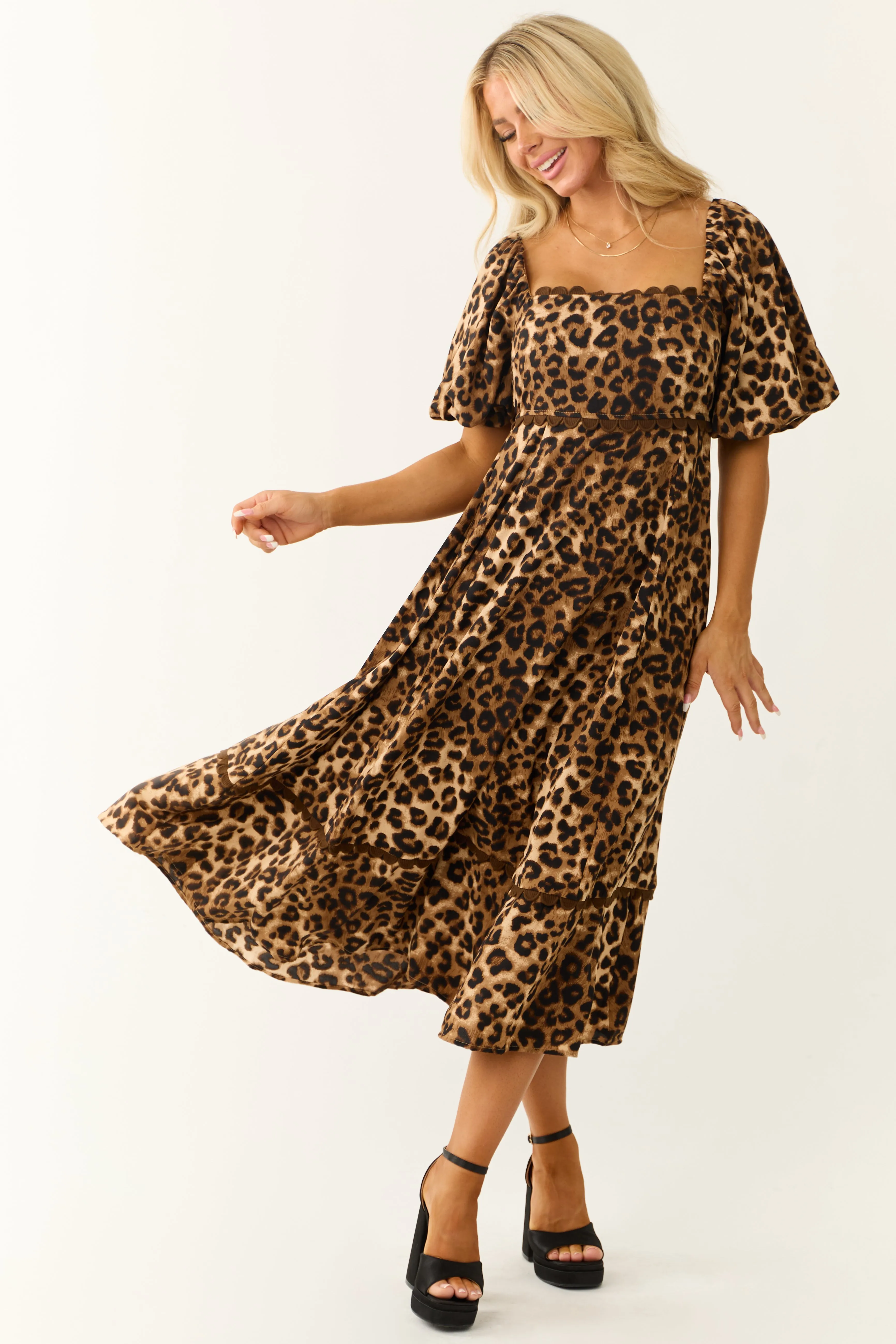 Camel Leopard Print Puff Sleeve Midi Dress