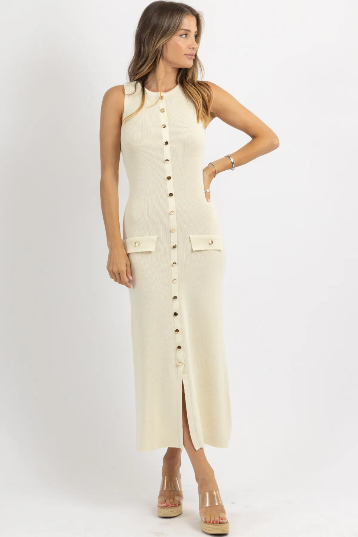 CELINE CREAM BUTTON DRESS