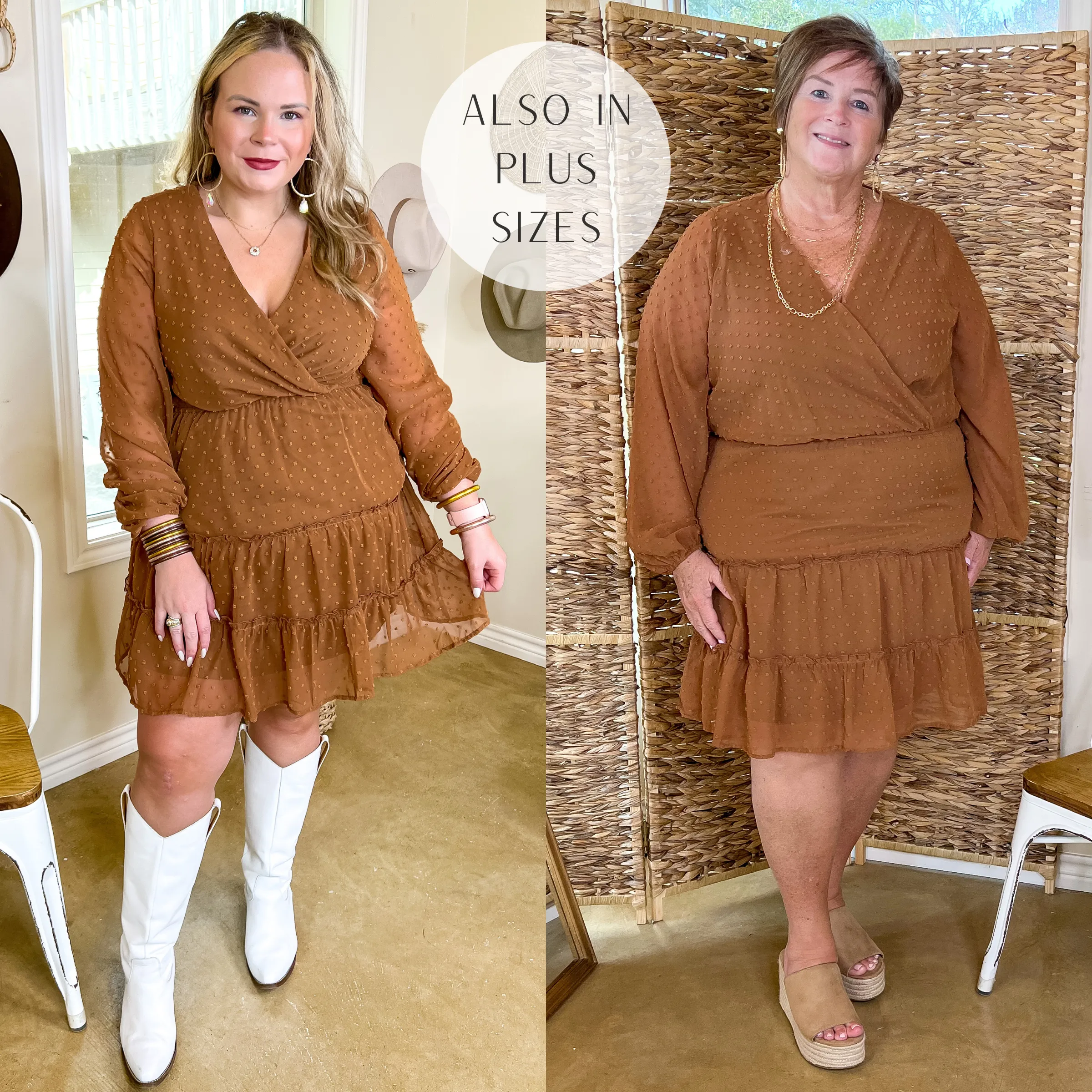 Chasing Love Swiss Dot Tiered Dress with Long Sleeves in Camel Brown