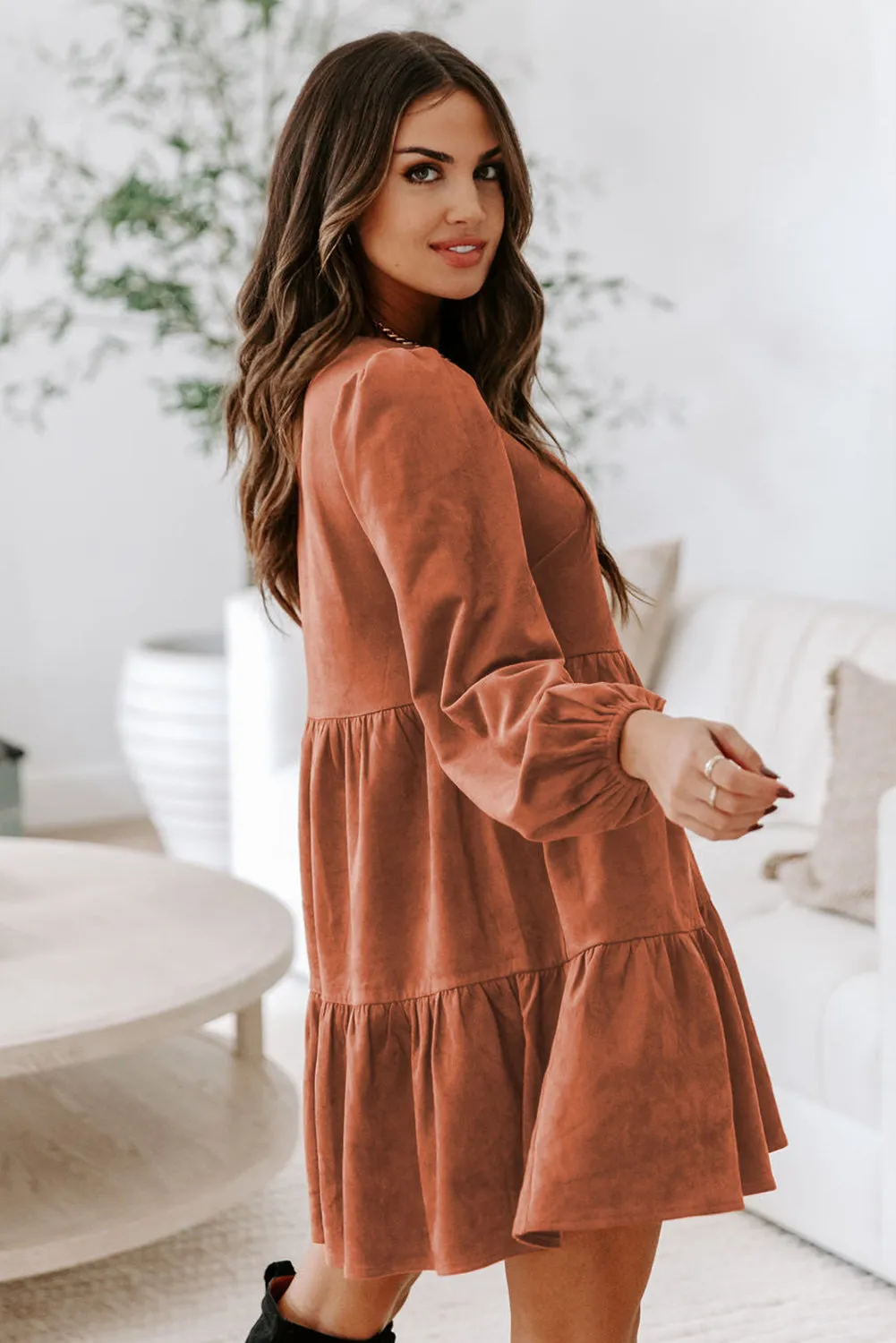 Chestnut Faux Suede Tiered Babydoll Dress