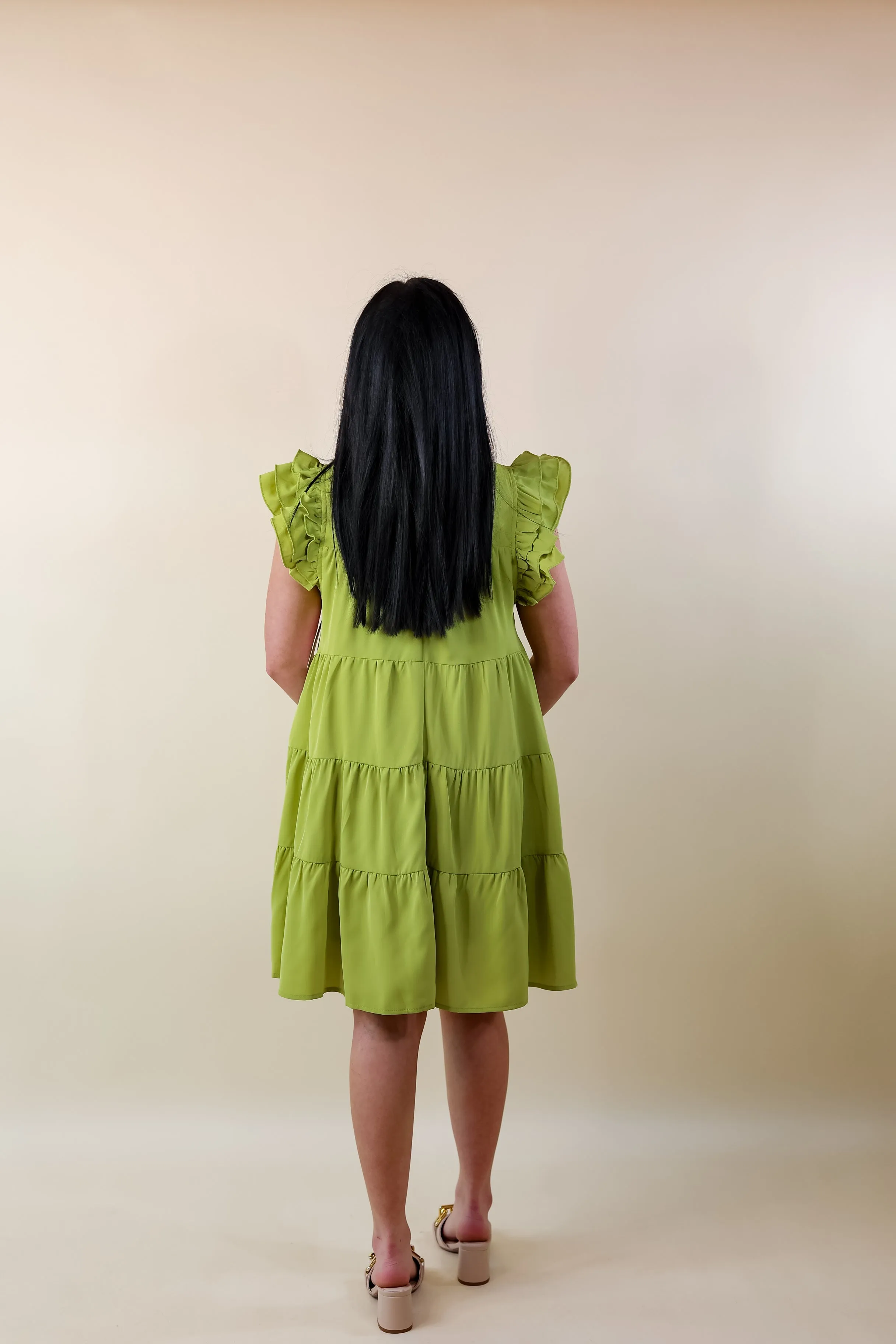 Chic On Scene Ruffle Tiered Dress with Pleated Detailing in Pistachio Green