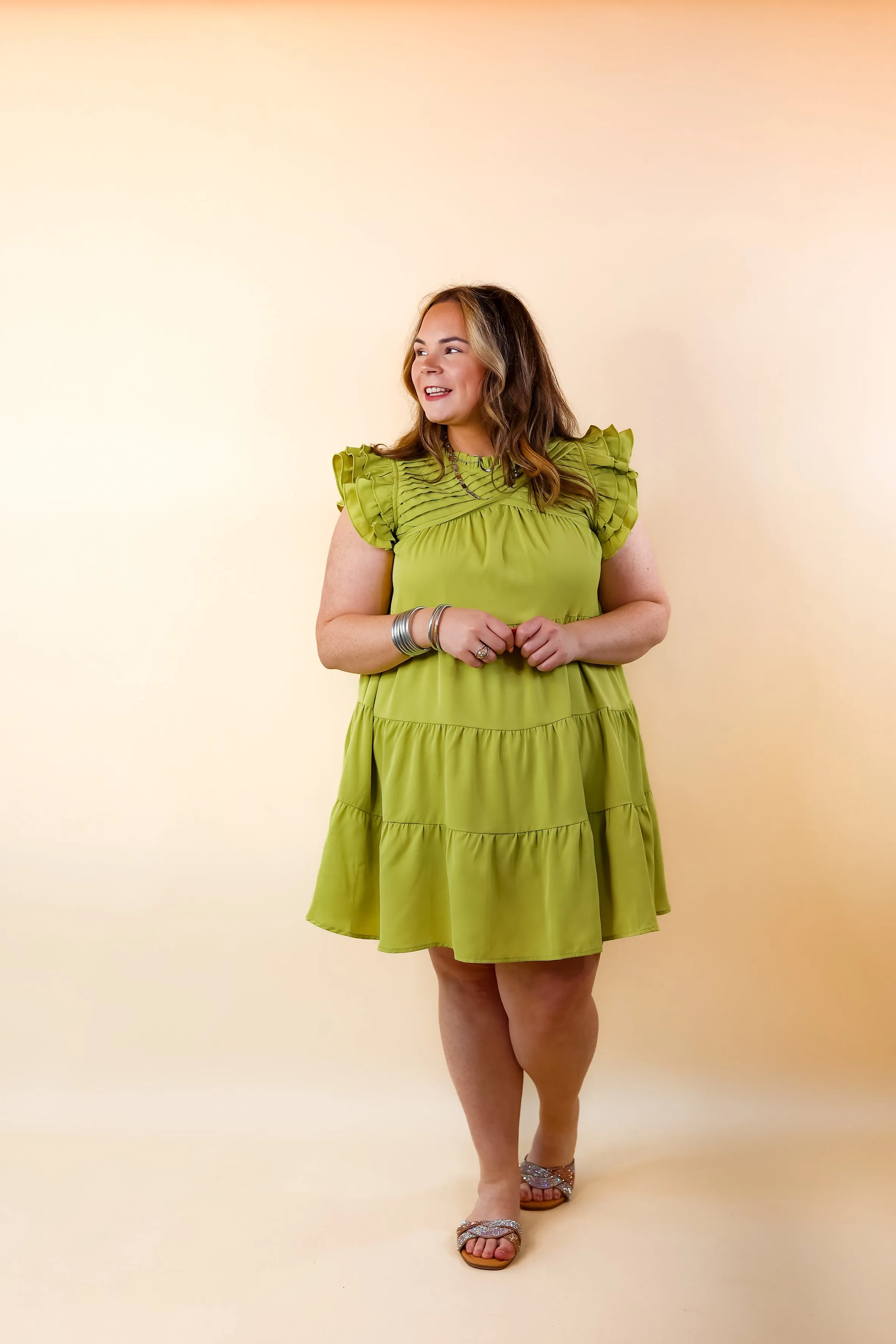 Chic On Scene Ruffle Tiered Dress with Pleated Detailing in Pistachio Green