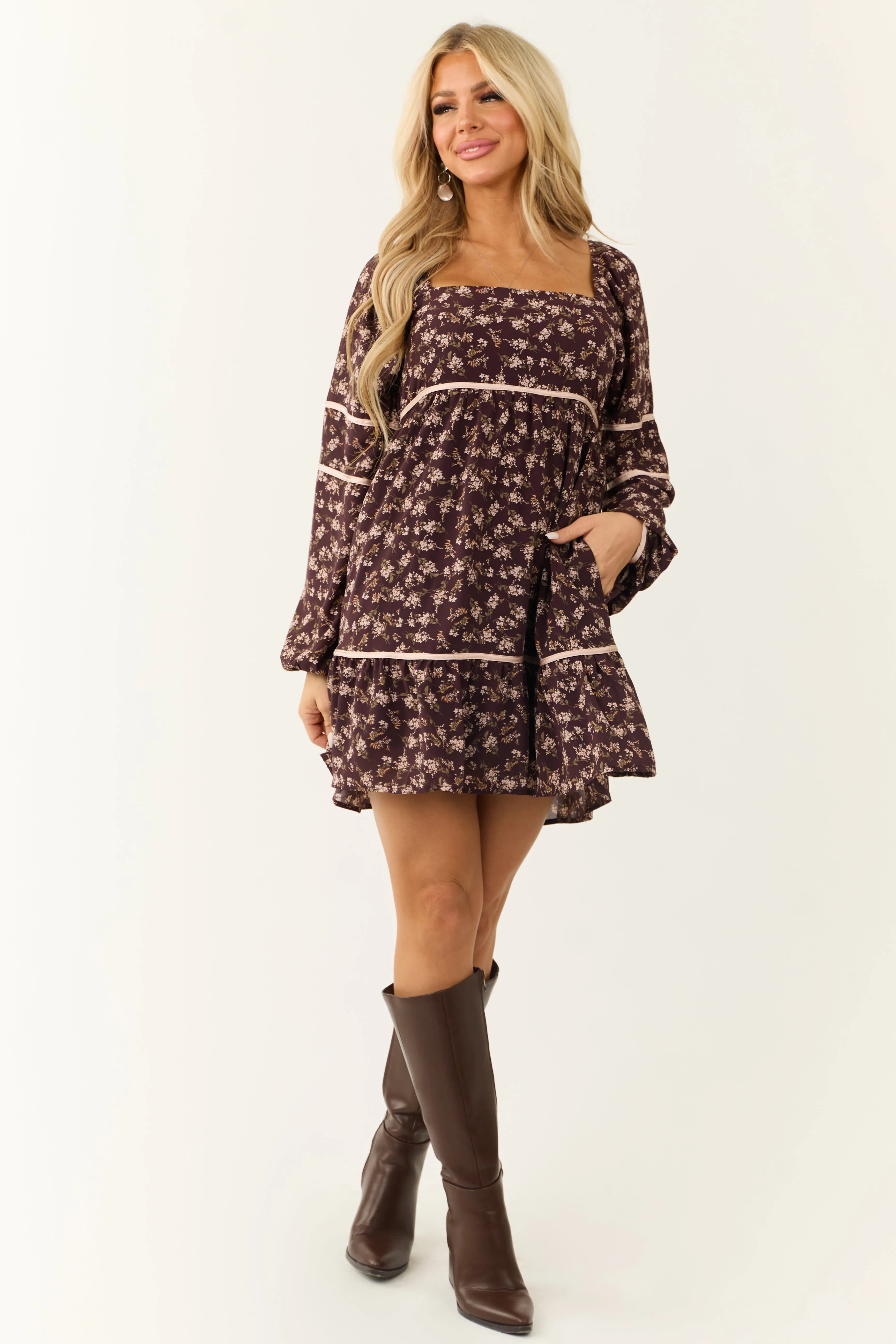 Chocolate Long Sleeve Floral Babydoll Short Dress