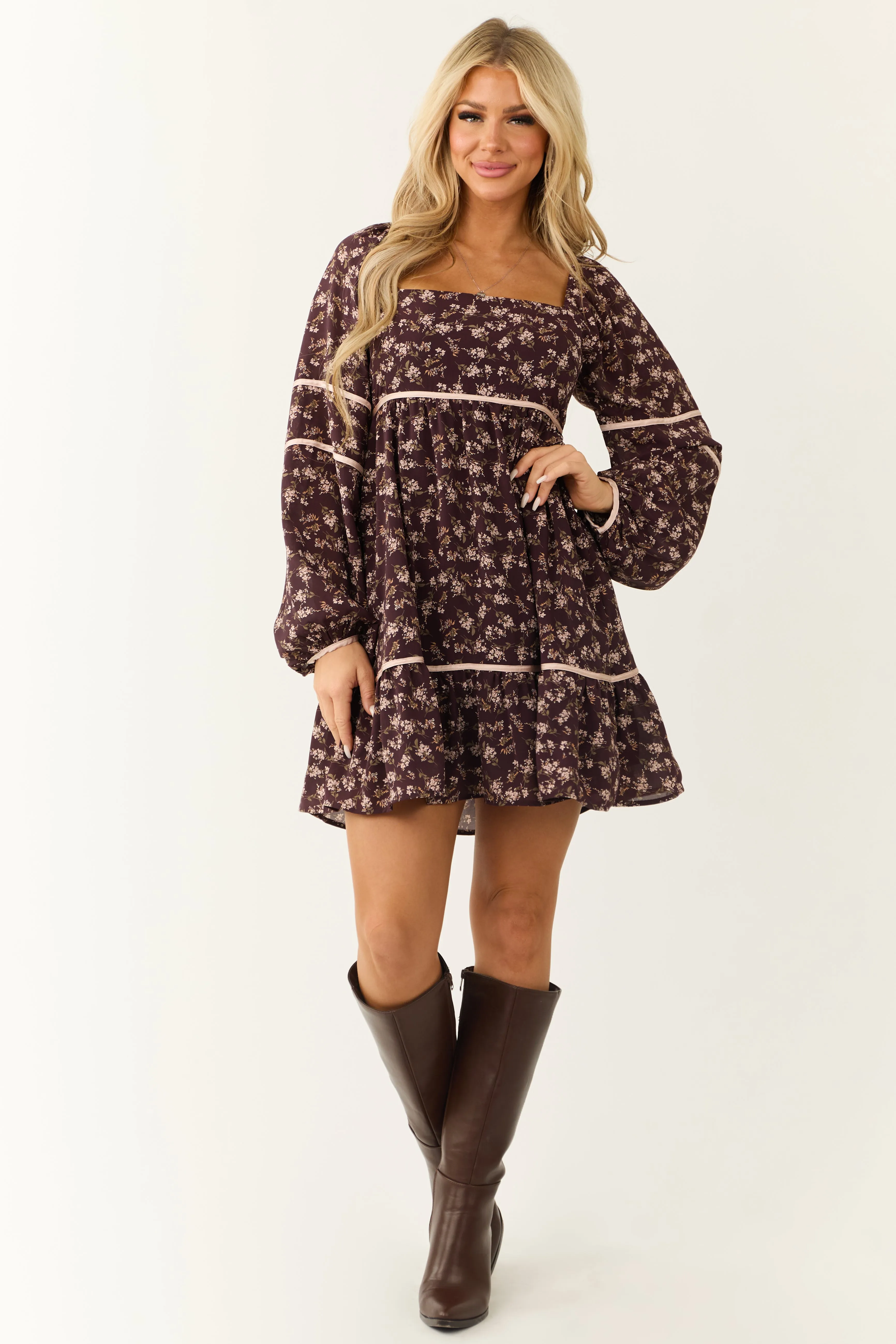 Chocolate Long Sleeve Floral Babydoll Short Dress