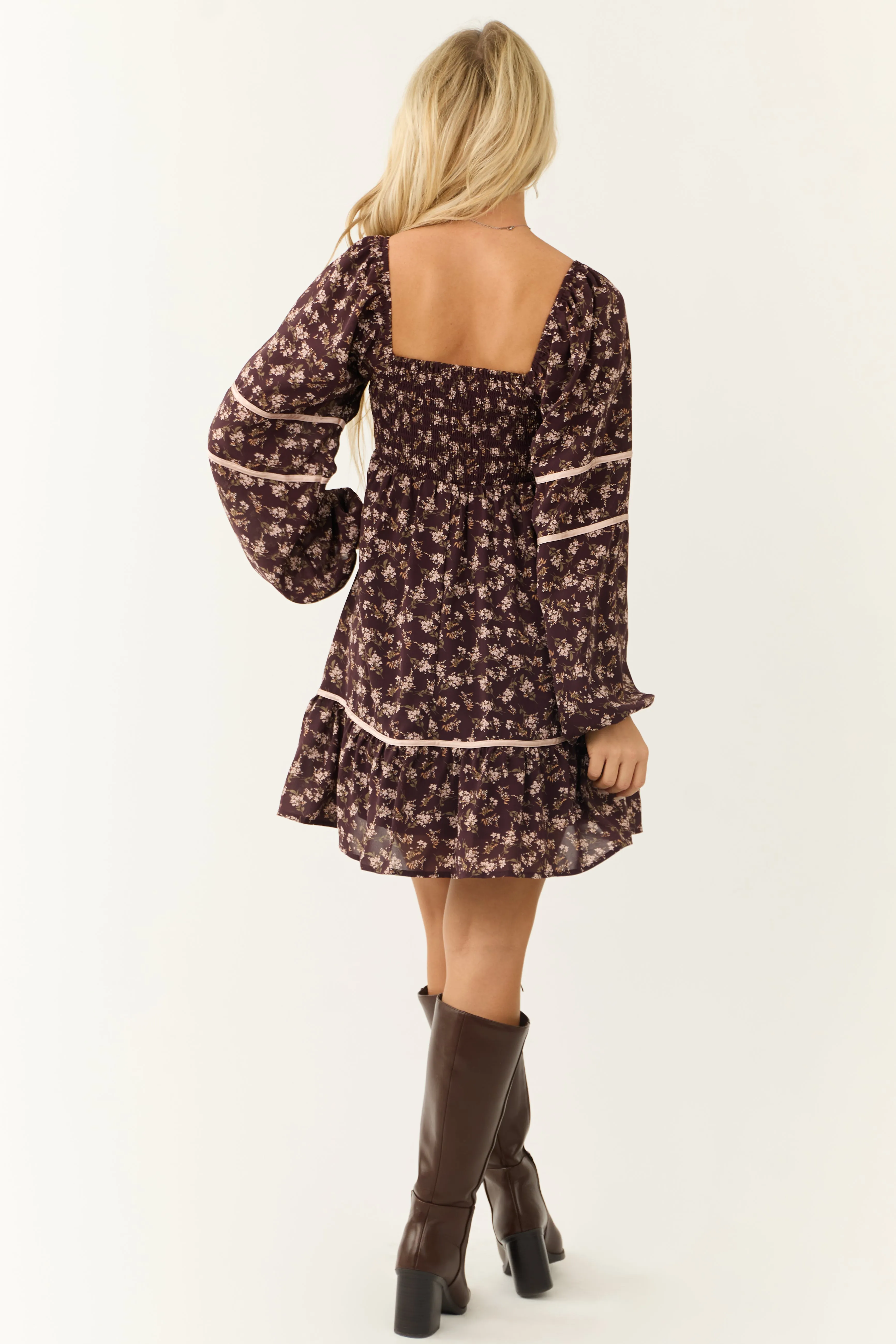 Chocolate Long Sleeve Floral Babydoll Short Dress