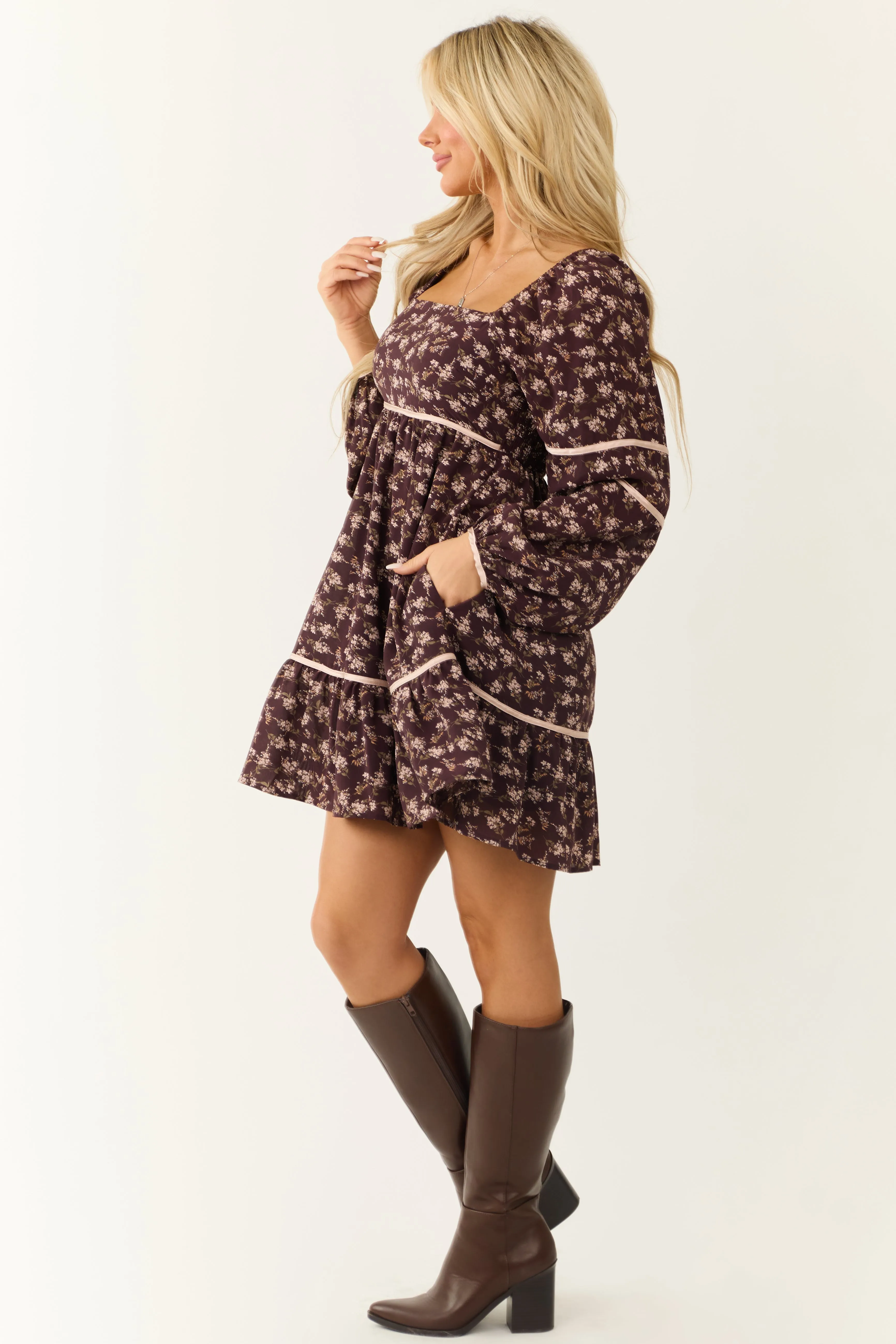 Chocolate Long Sleeve Floral Babydoll Short Dress