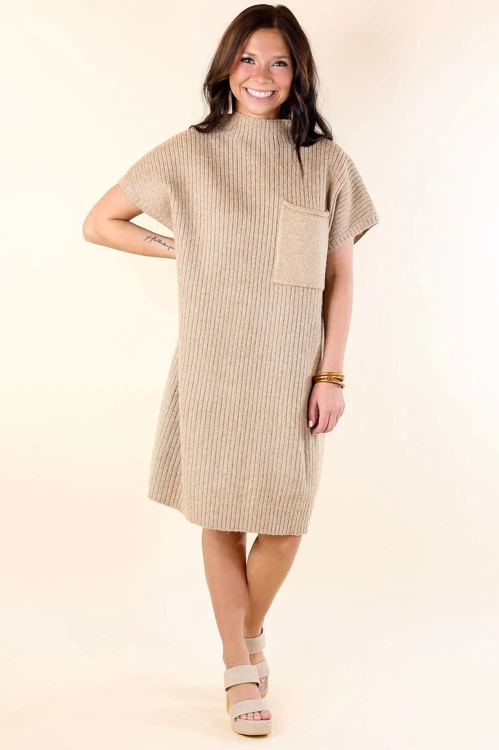 City Sights Cap Sleeve Sweater Dress in Oatmeal Beige