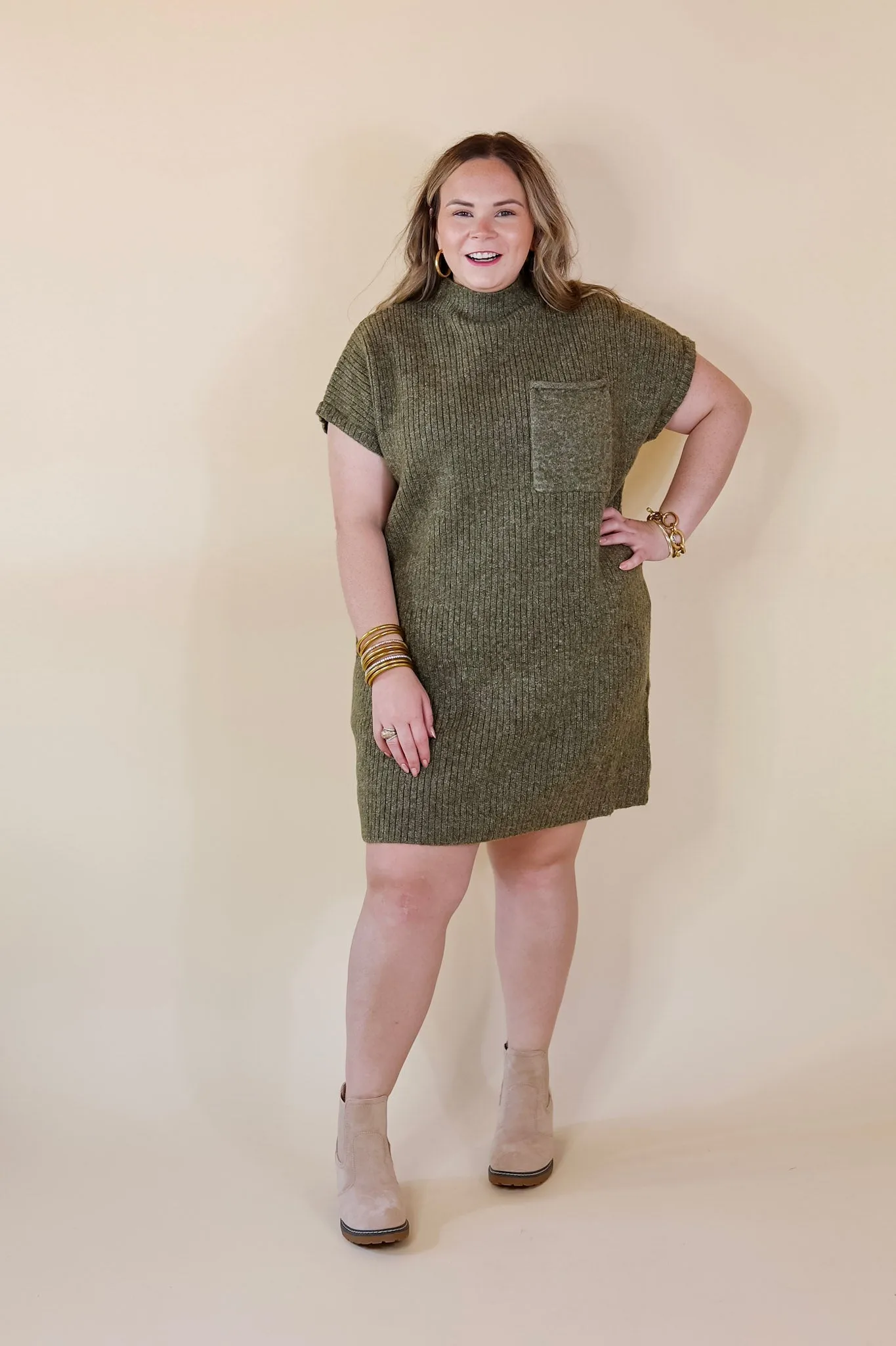 City Sights Cap Sleeve Sweater Dress in Olive Green