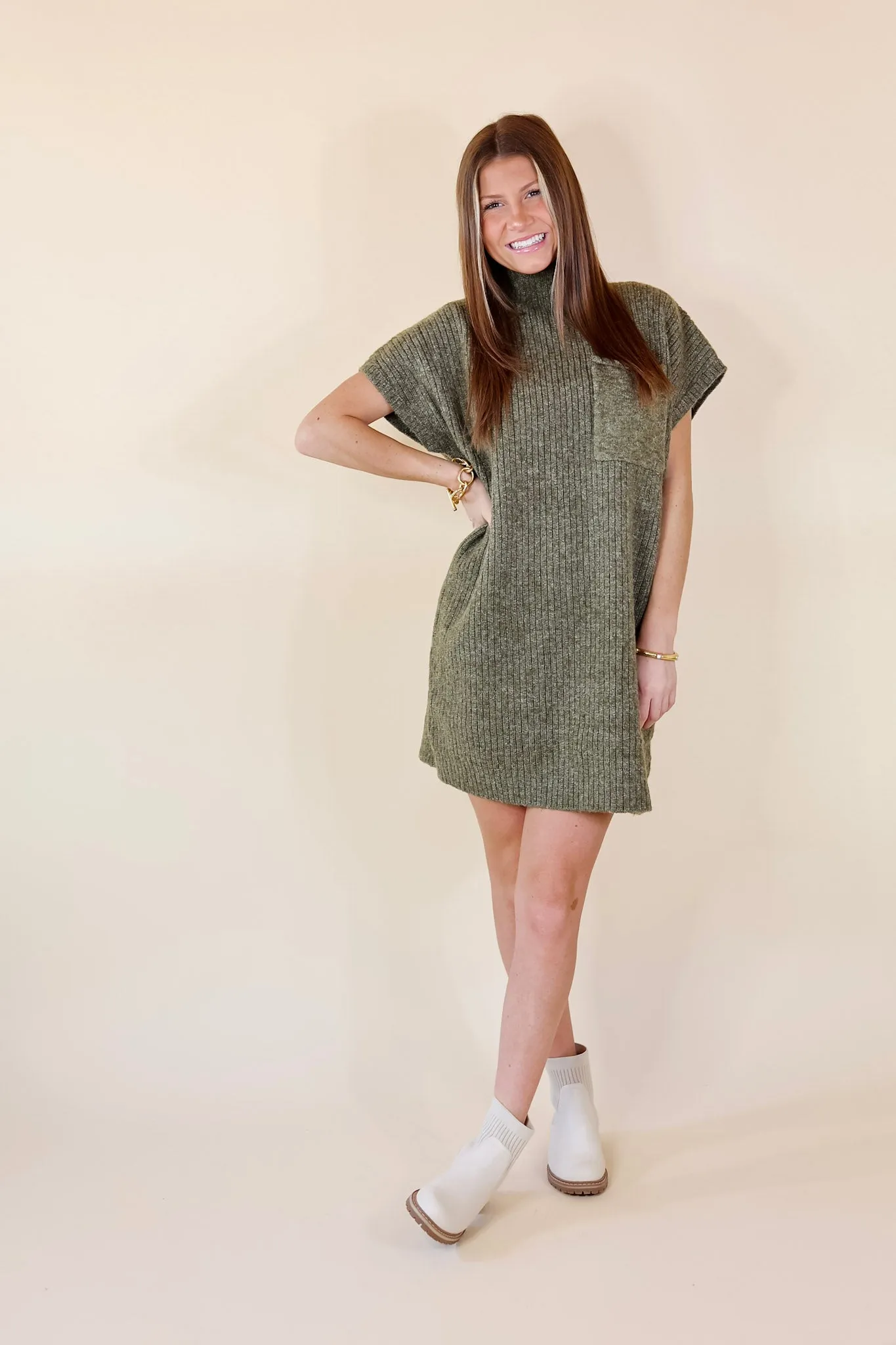 City Sights Cap Sleeve Sweater Dress in Olive Green