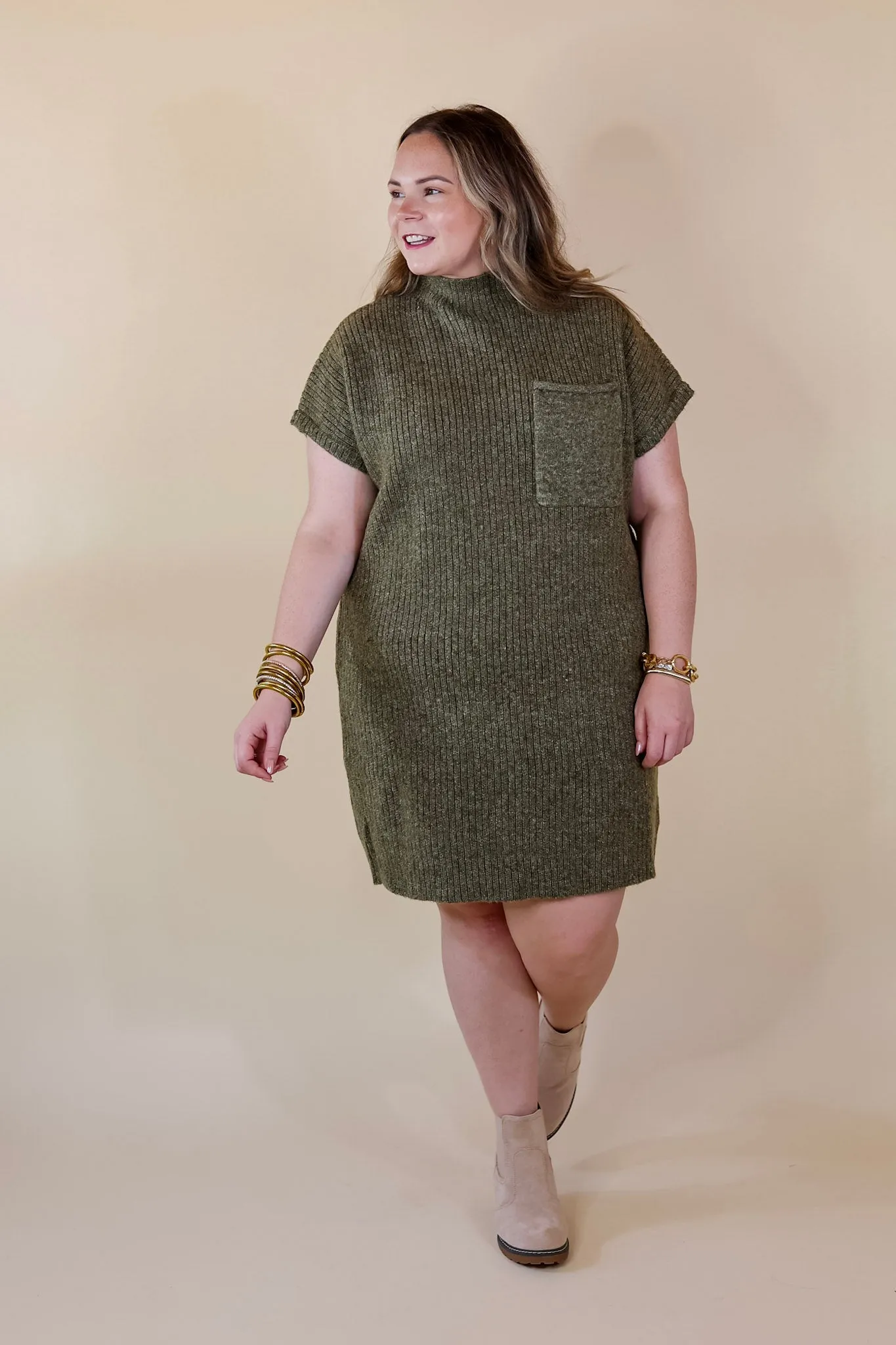 City Sights Cap Sleeve Sweater Dress in Olive Green