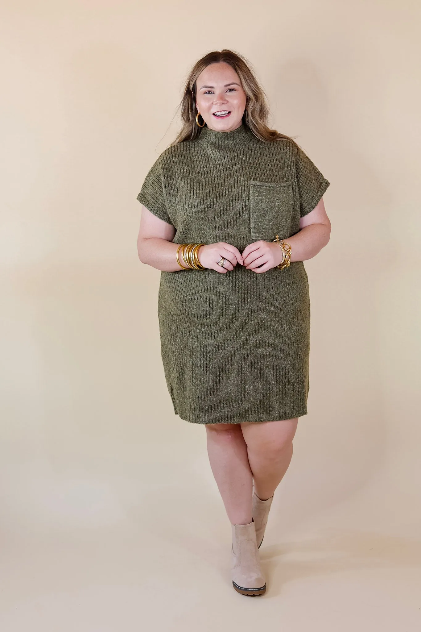 City Sights Cap Sleeve Sweater Dress in Olive Green