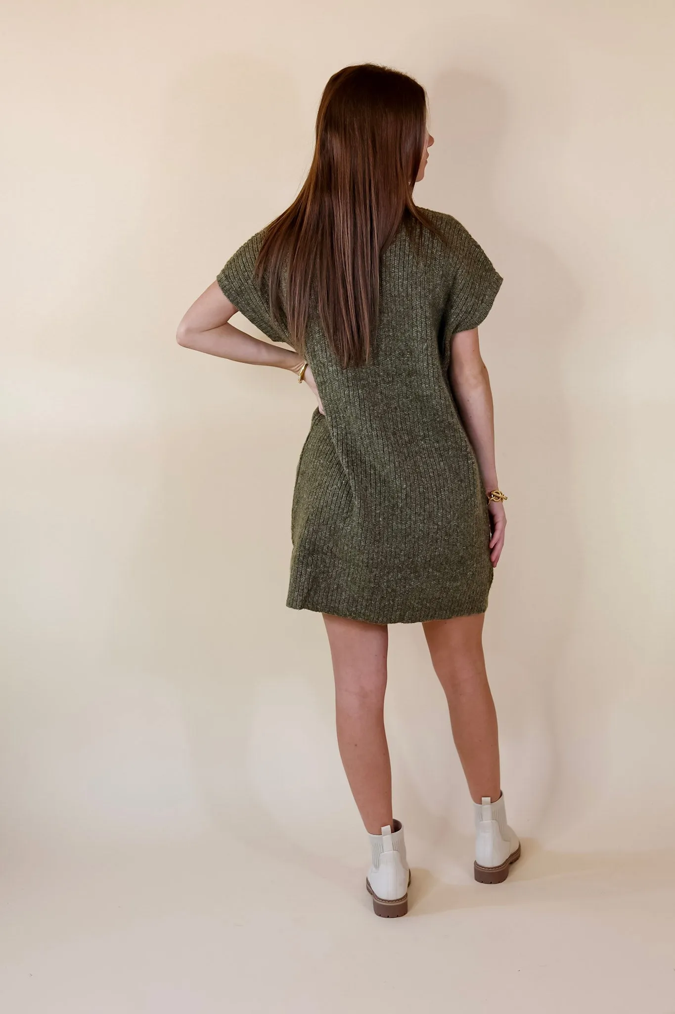 City Sights Cap Sleeve Sweater Dress in Olive Green