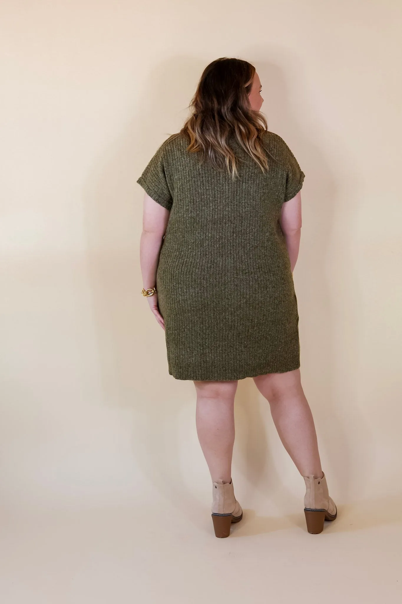 City Sights Cap Sleeve Sweater Dress in Olive Green