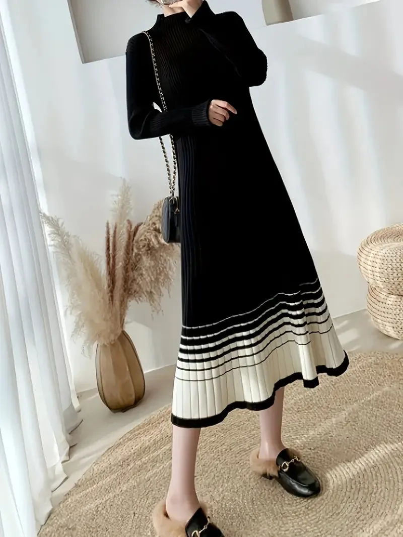 Color Block Long Sleeve Knit Sweater Dress