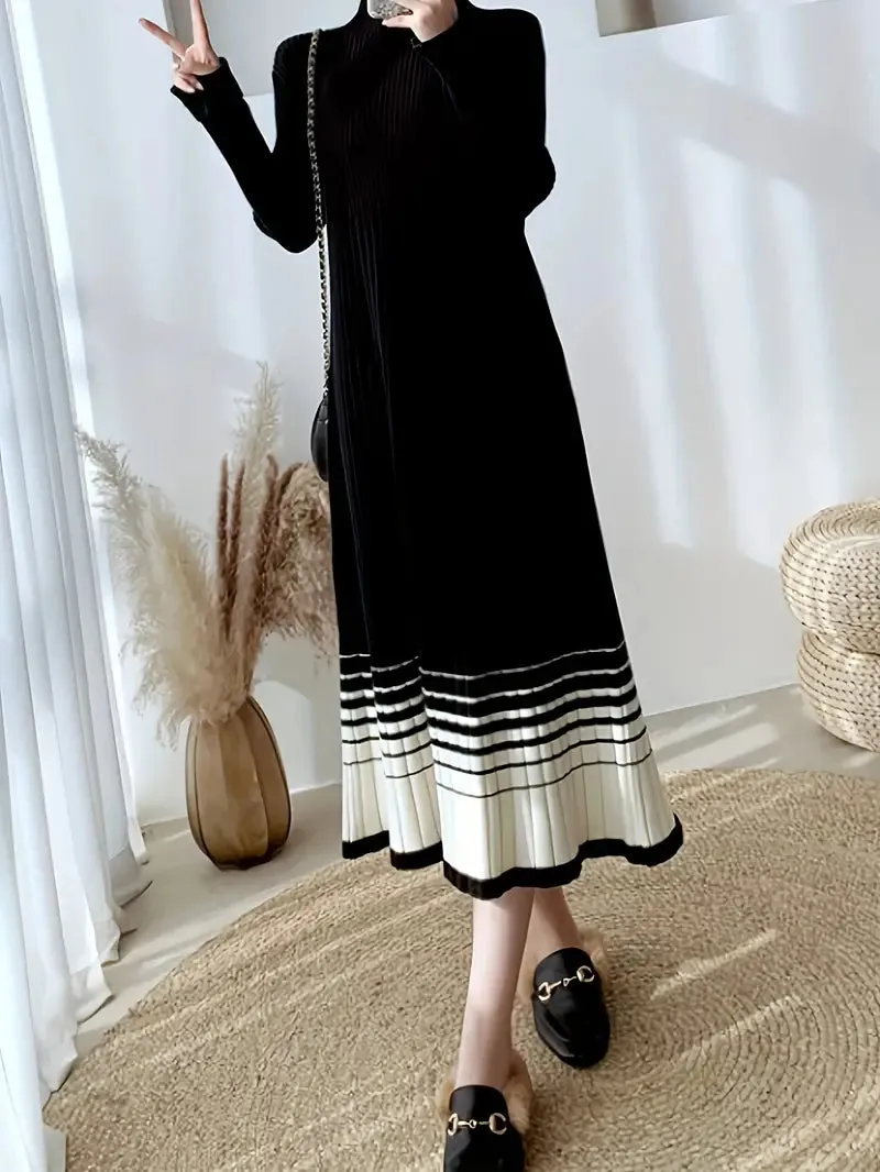 Color Block Long Sleeve Knit Sweater Dress