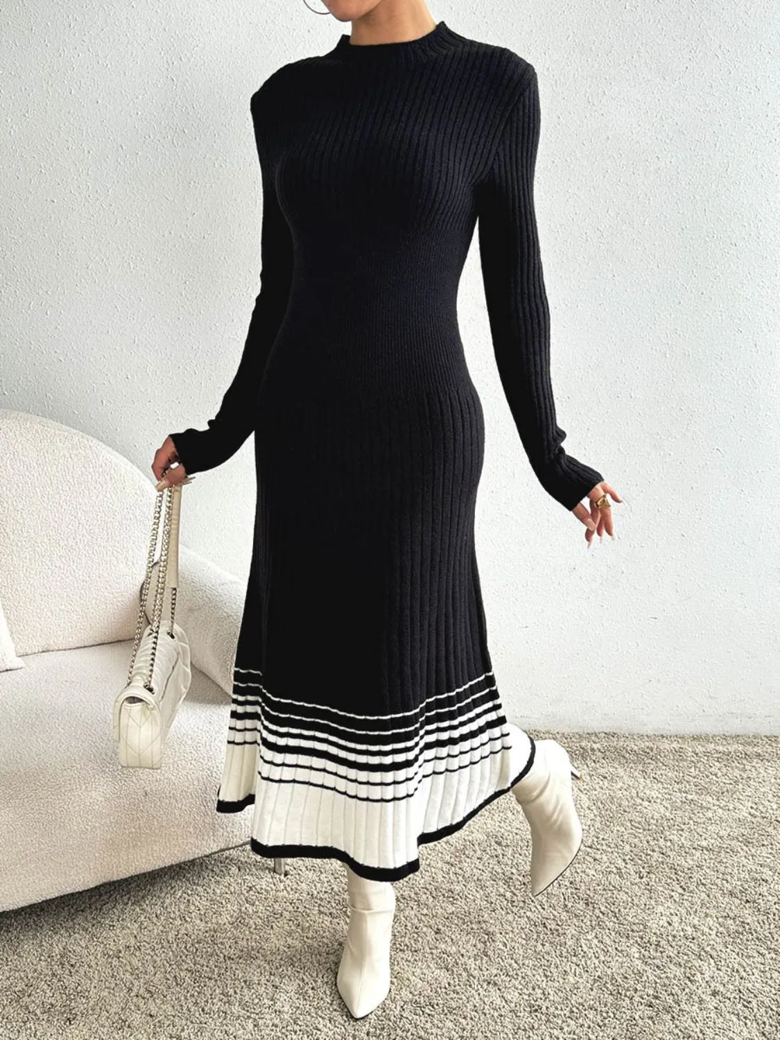 Contrast Mock Neck Long Sleeve Sweater Dress