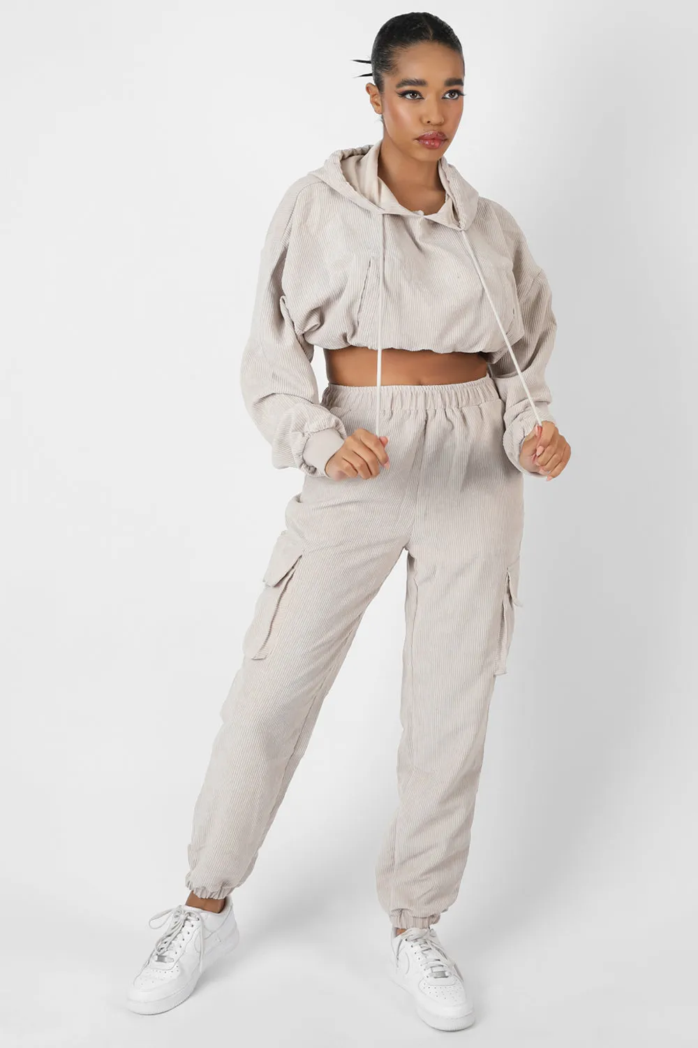 Cord Cropped Hoodie Ecru