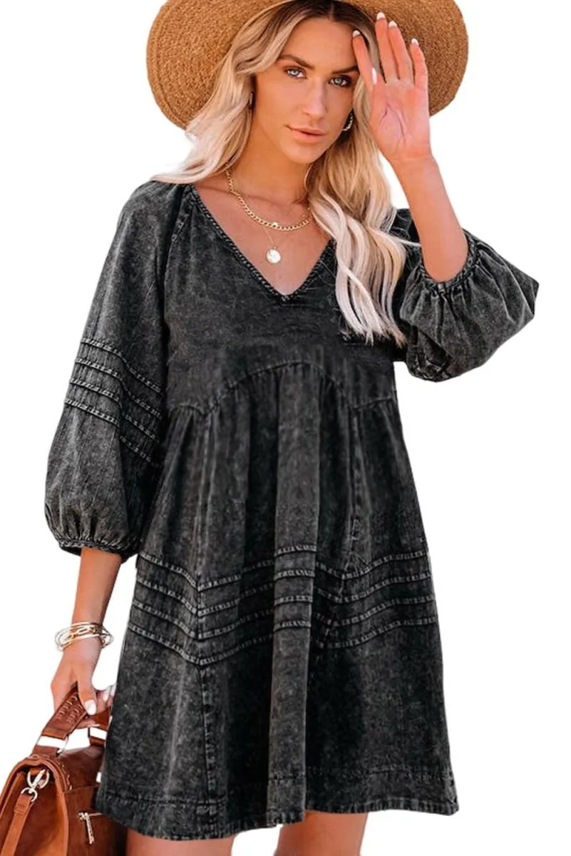 Denim Black Pleated Babydoll Dress