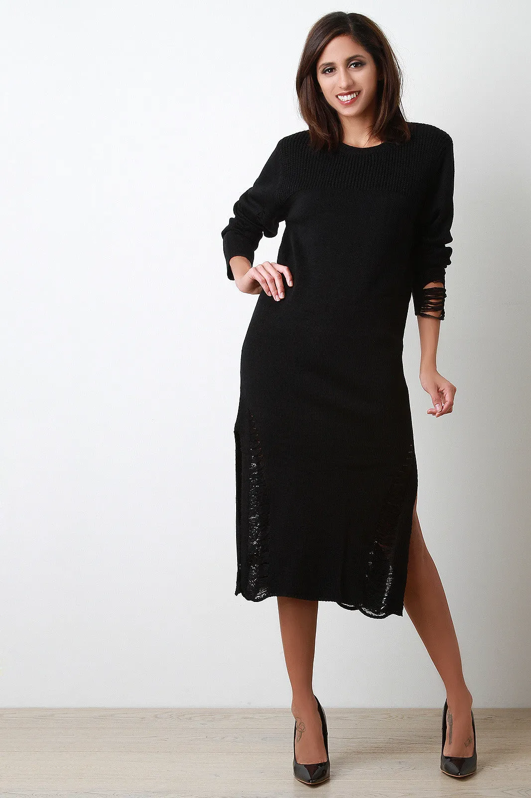 Distressed Relaxed Sweater Midi Dress