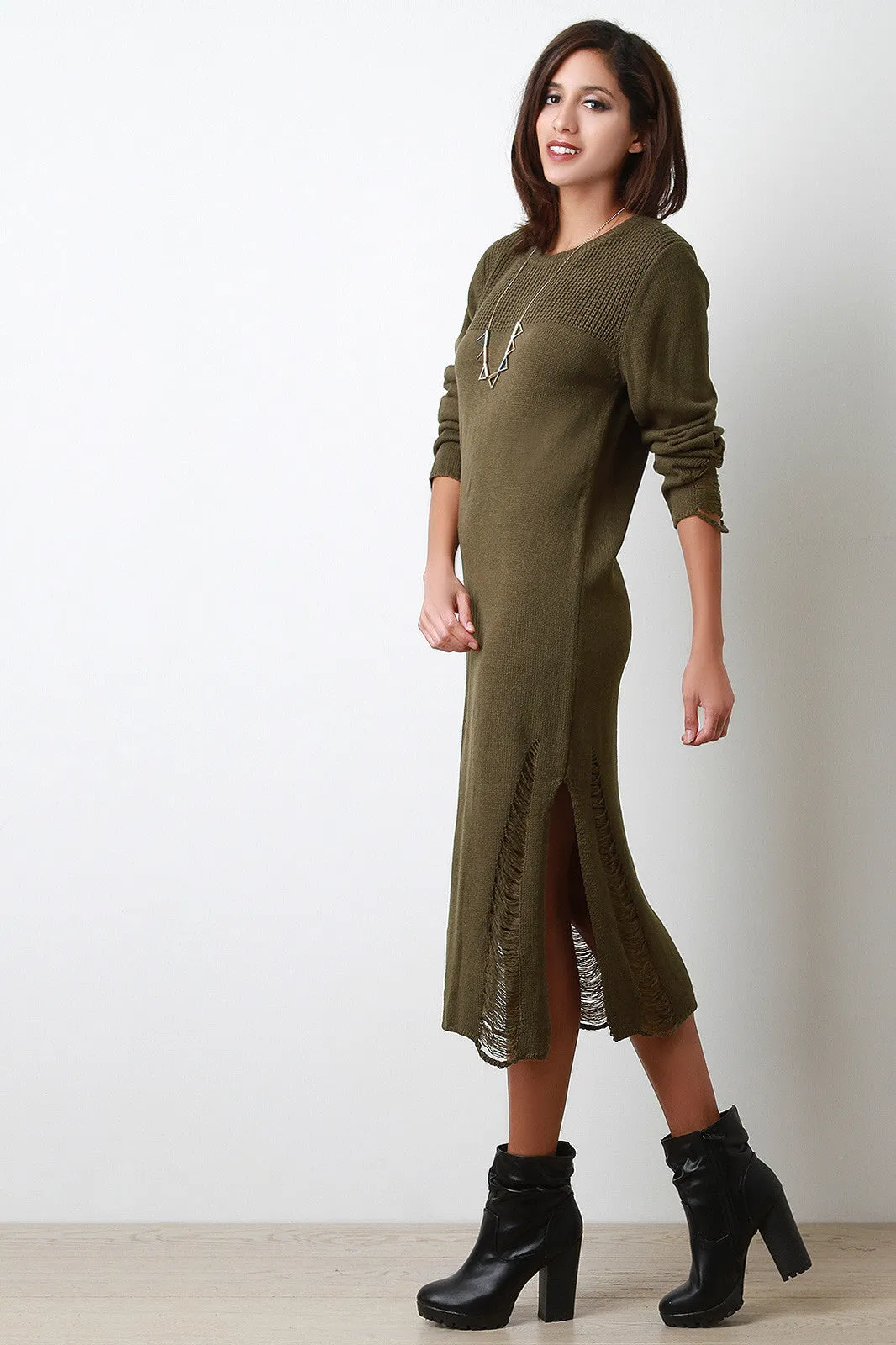 Distressed Relaxed Sweater Midi Dress