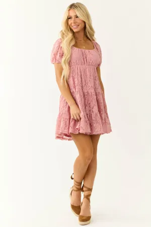 Dusty Rose Floral Lace Tiered Short Dress